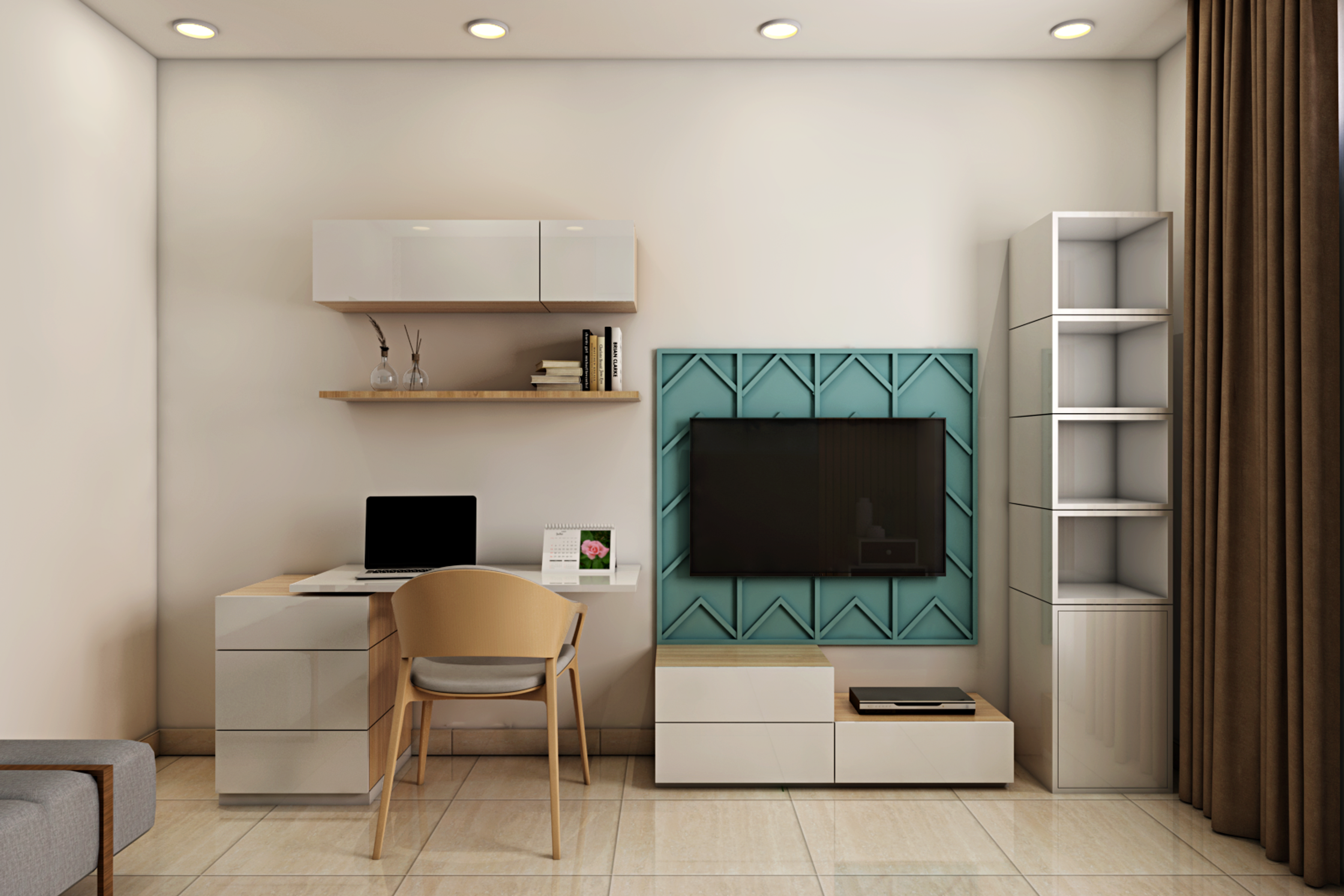 Modern Bedroom with Sky Blue Panel - Livspace