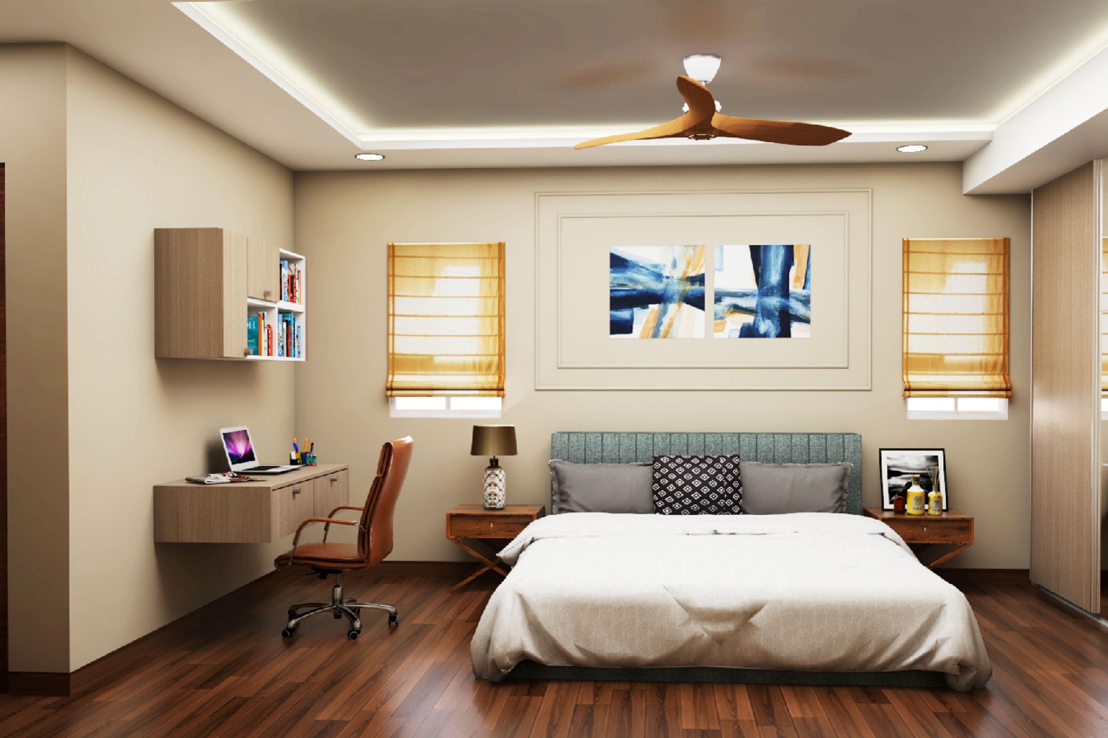Modern Bedroom Design With Beige Wall Trims And Wall Art