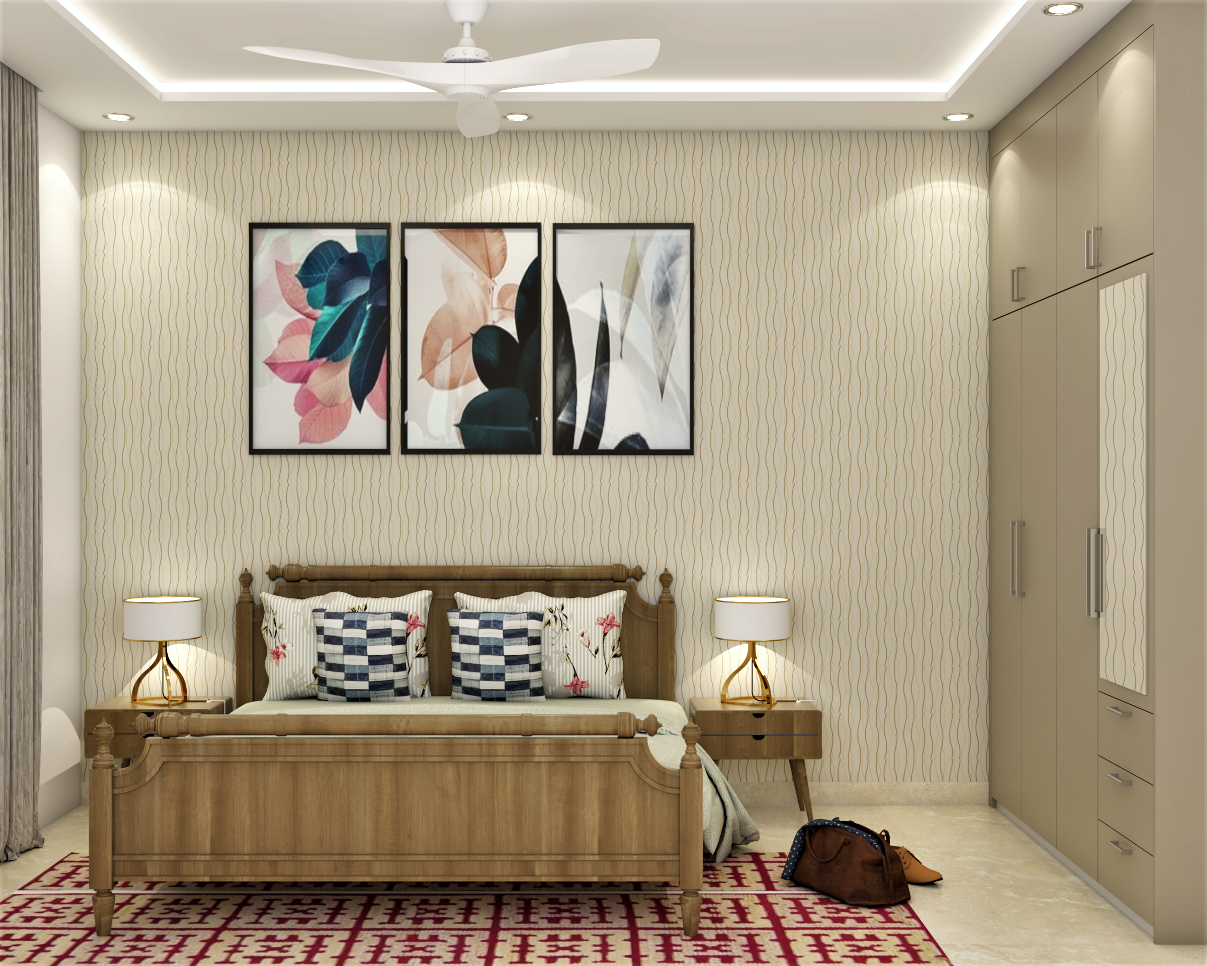 Modern Master Bedroom Design With Beige Patterned Wallpaper