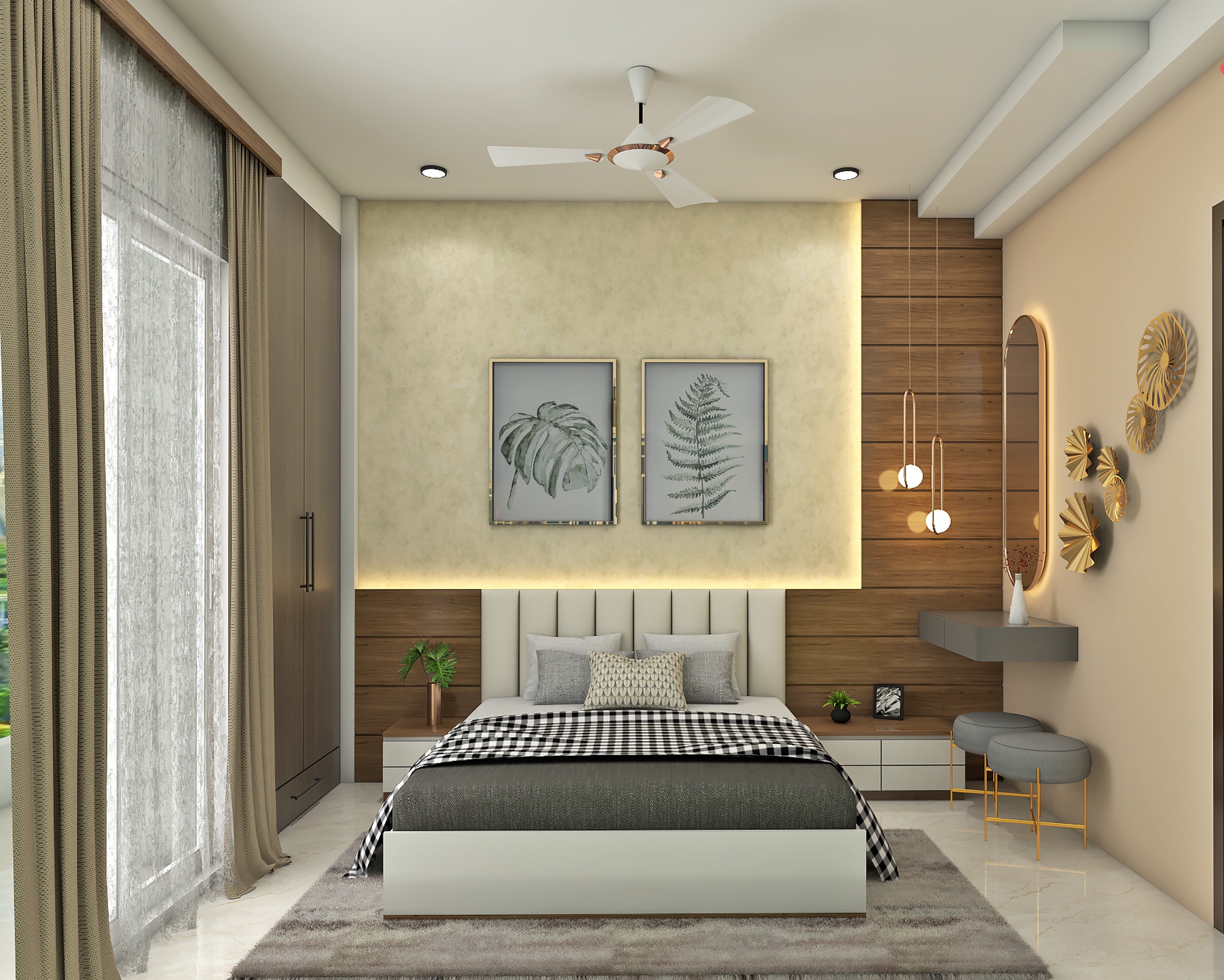 Modern Master Bedroom Design With Beige Textured Wall And Wooden Panels