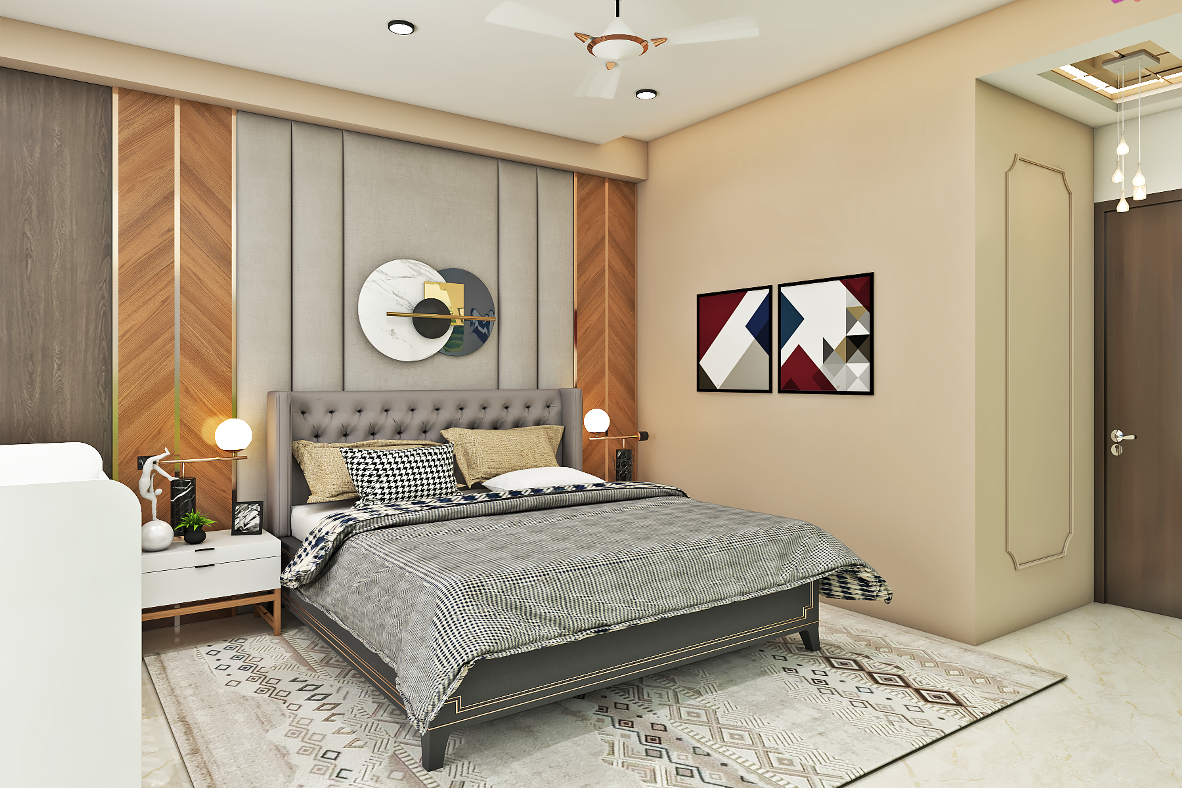 Modern Beige And Grey Master Bedroom Design With Wooden Panelling