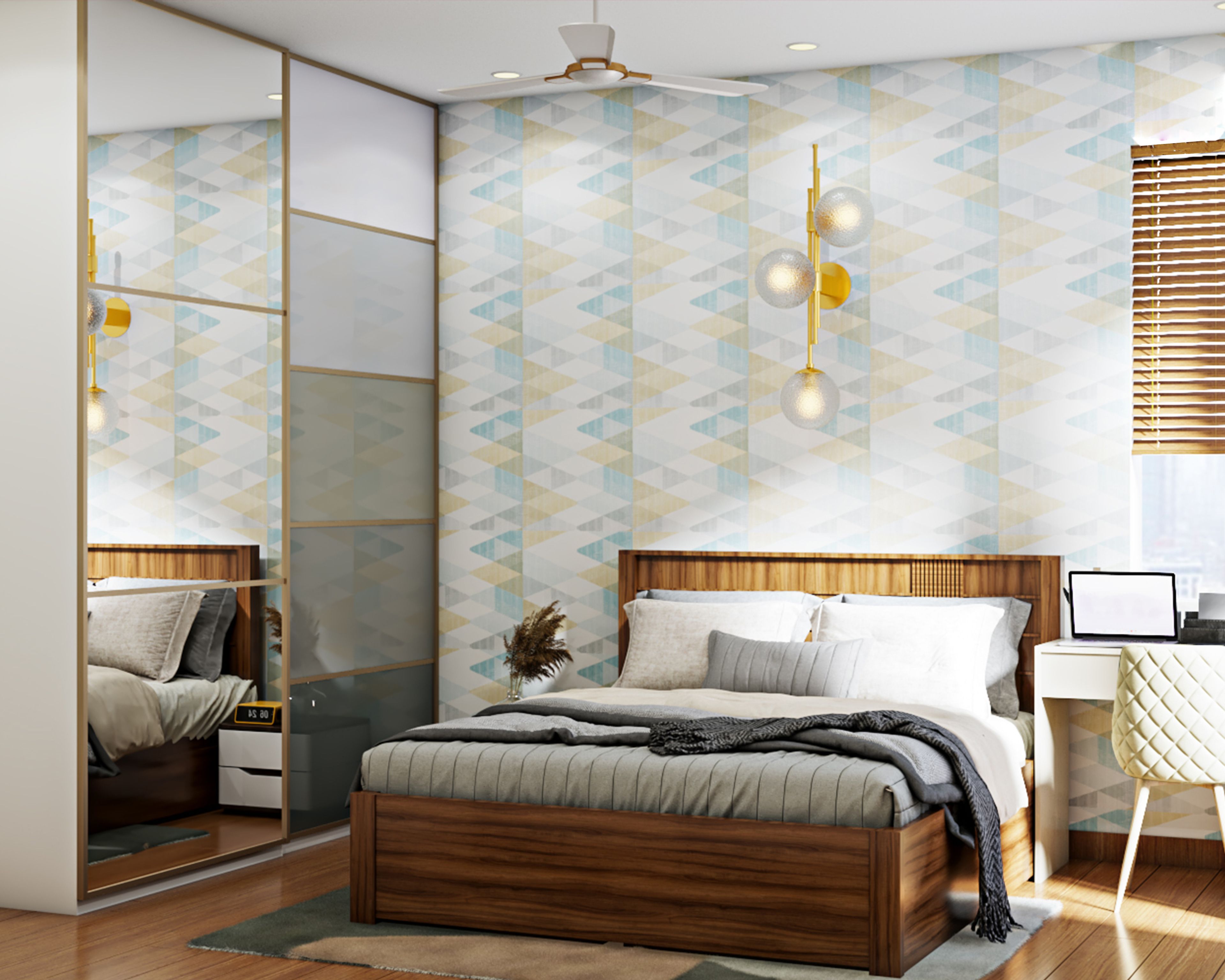 Classic White Bedroom Design With Geometric Wallpaper