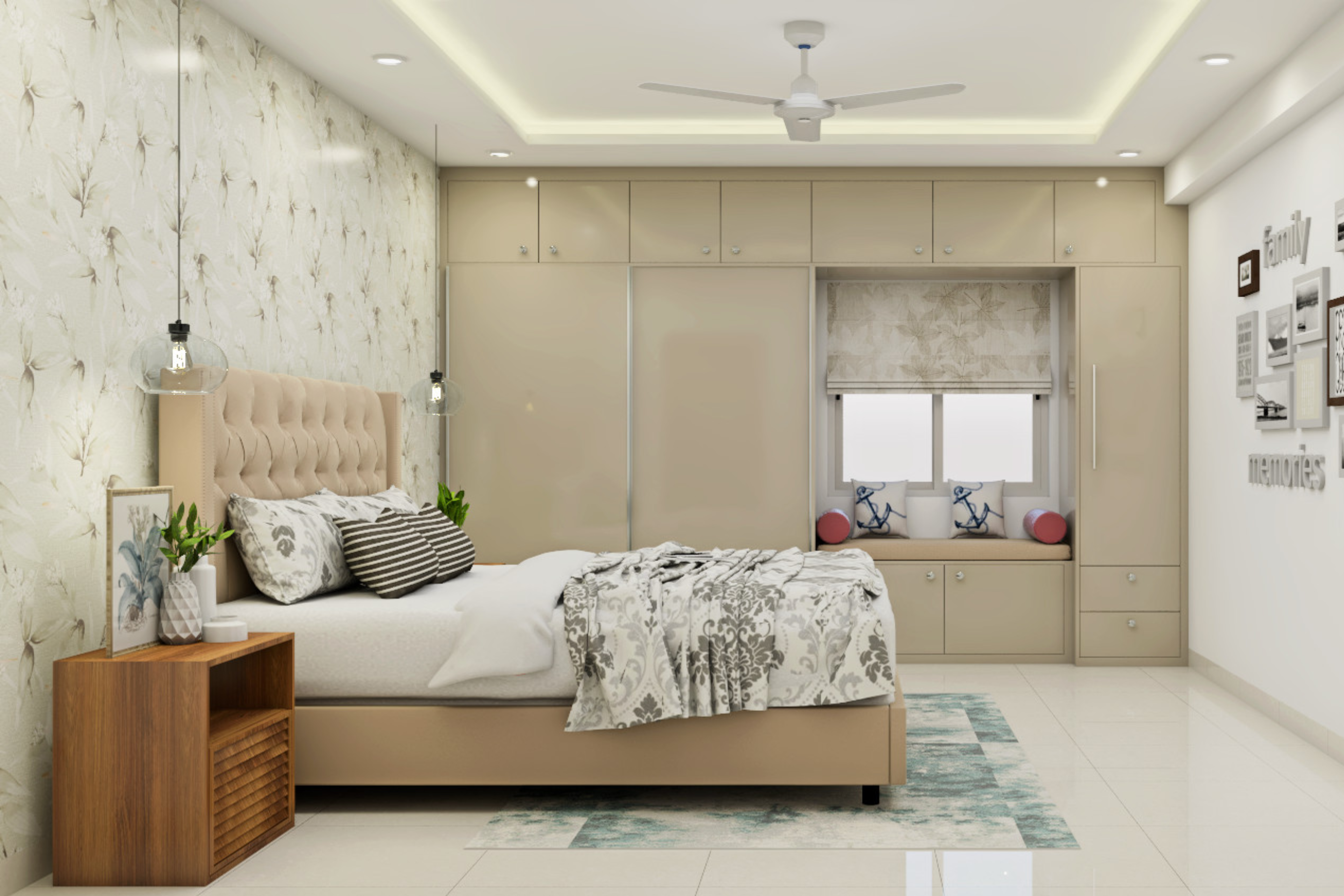 Modern Beige Master Bedroom Design With Floral Wallpaper