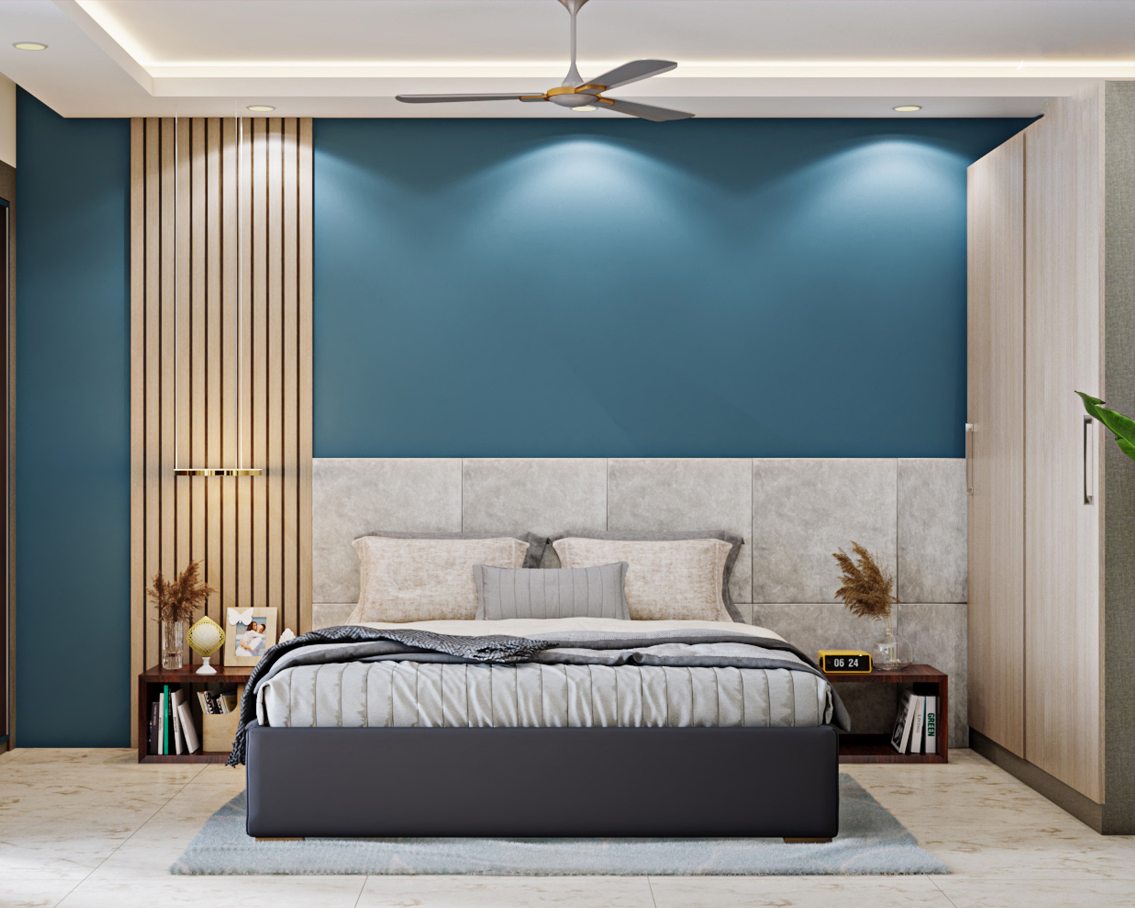 Modern Master Bedroom Design With Dark Blue Accent Wall
