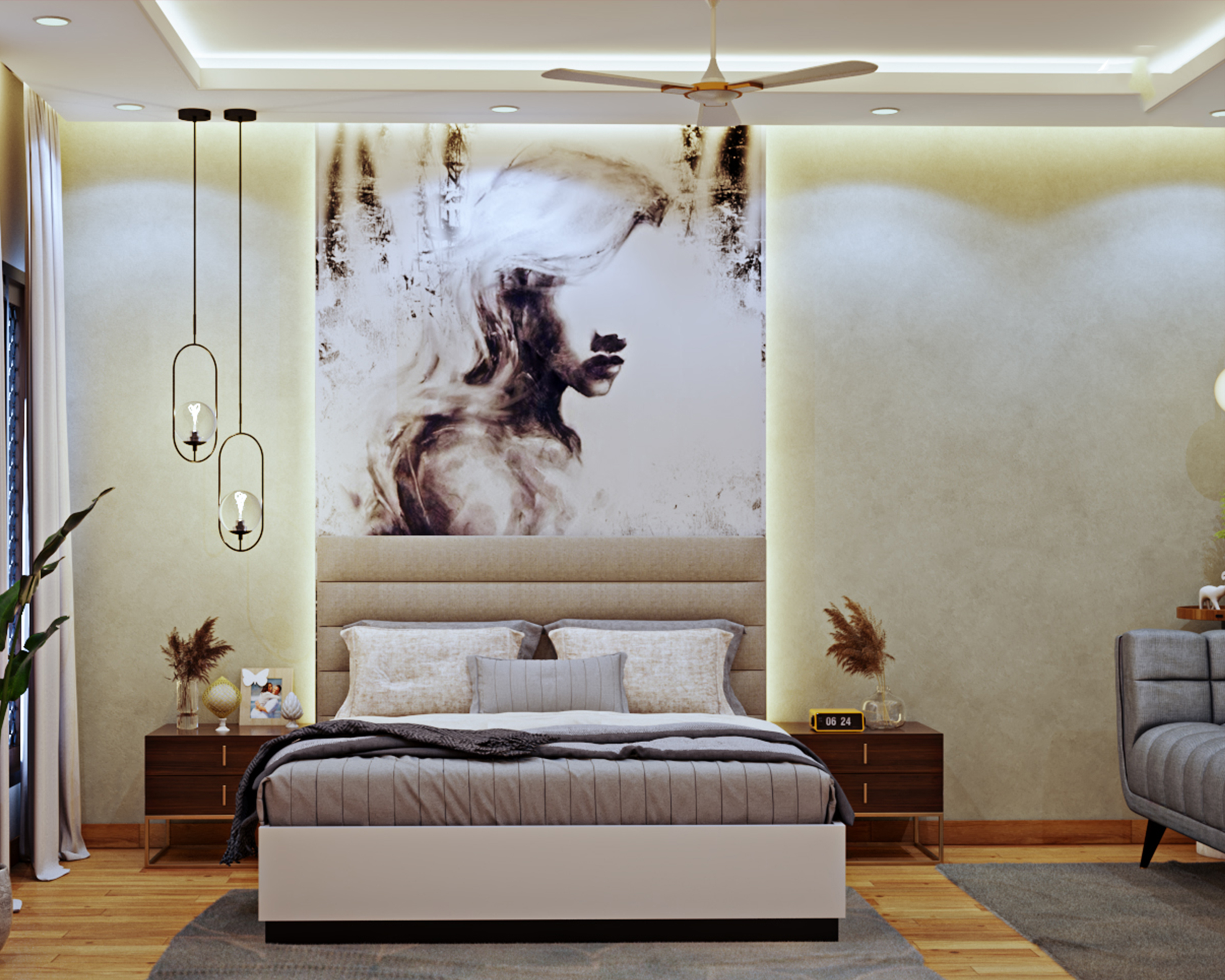 Modern White And Ivory Bedroom Design With Abstract Wall Design