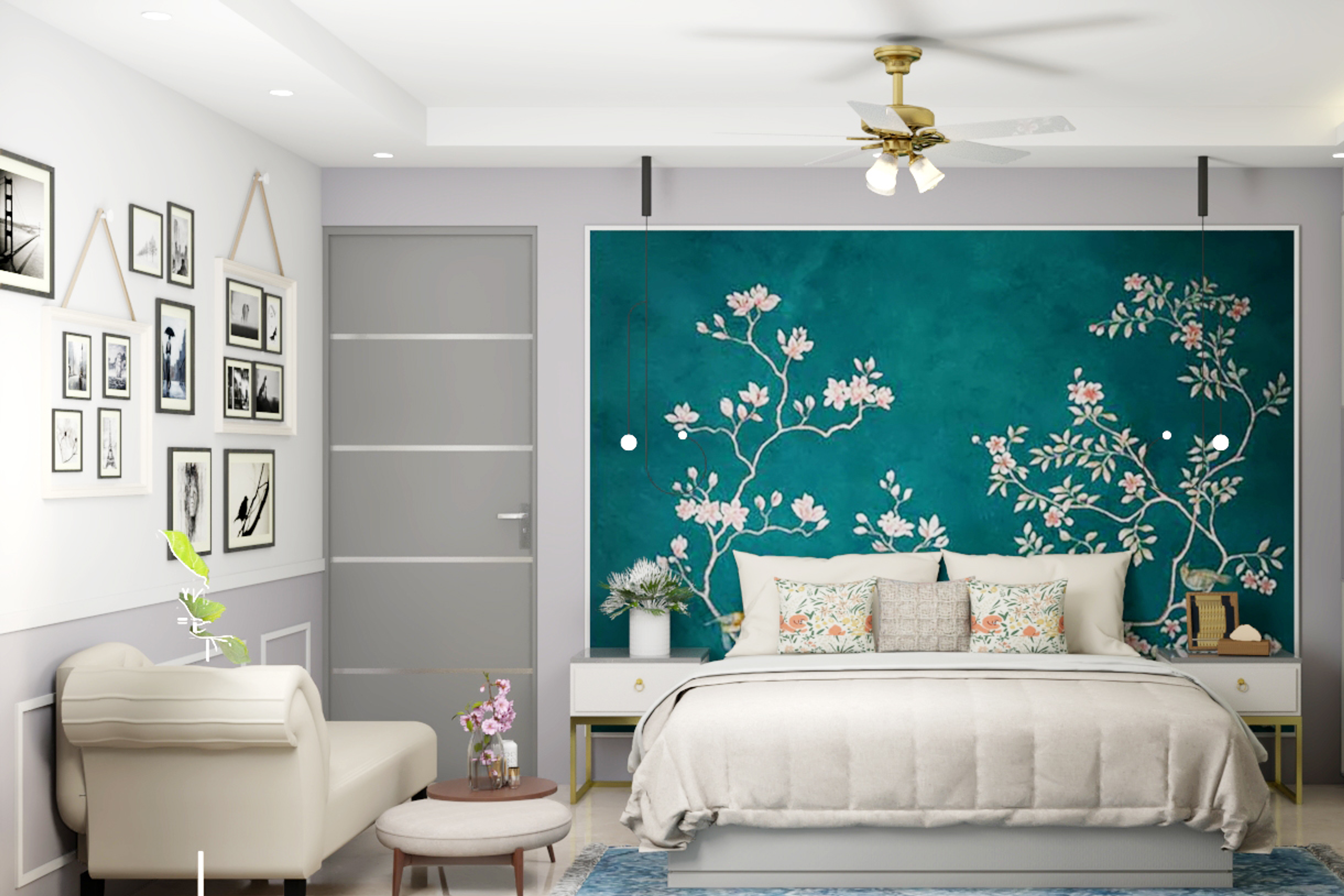 Modern Master Bedroom Design With Floral Wall Design