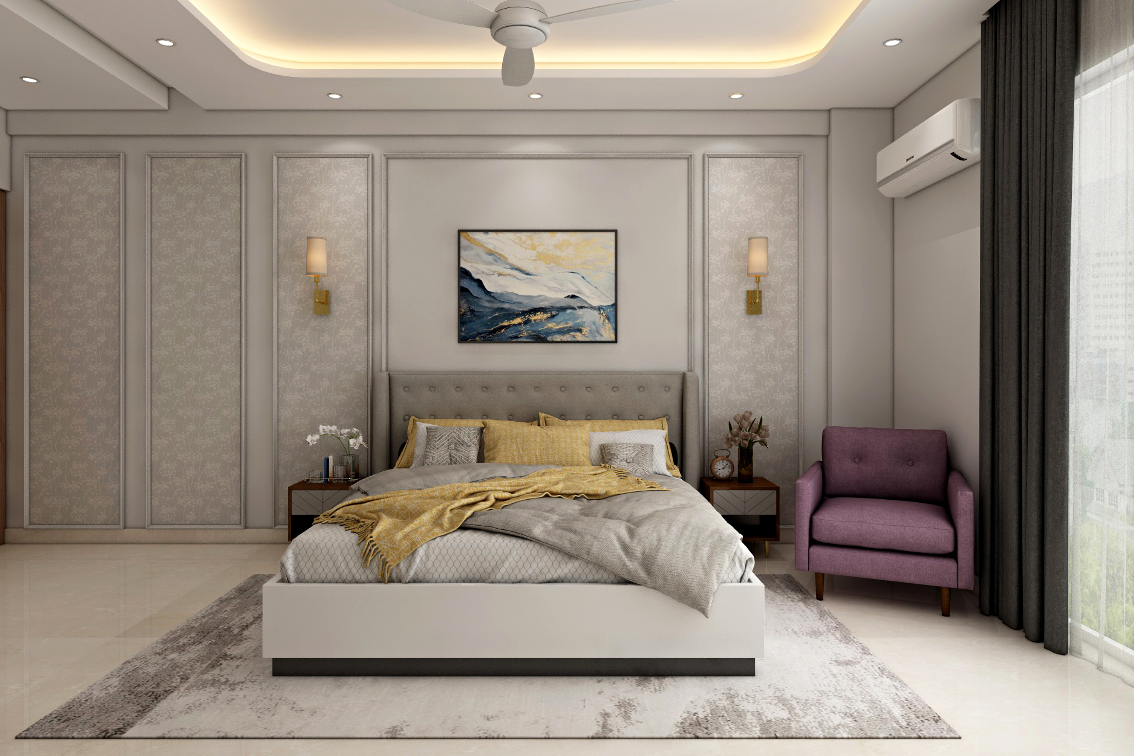 Contemporary White Bedroom Design With Purple Accent Chair