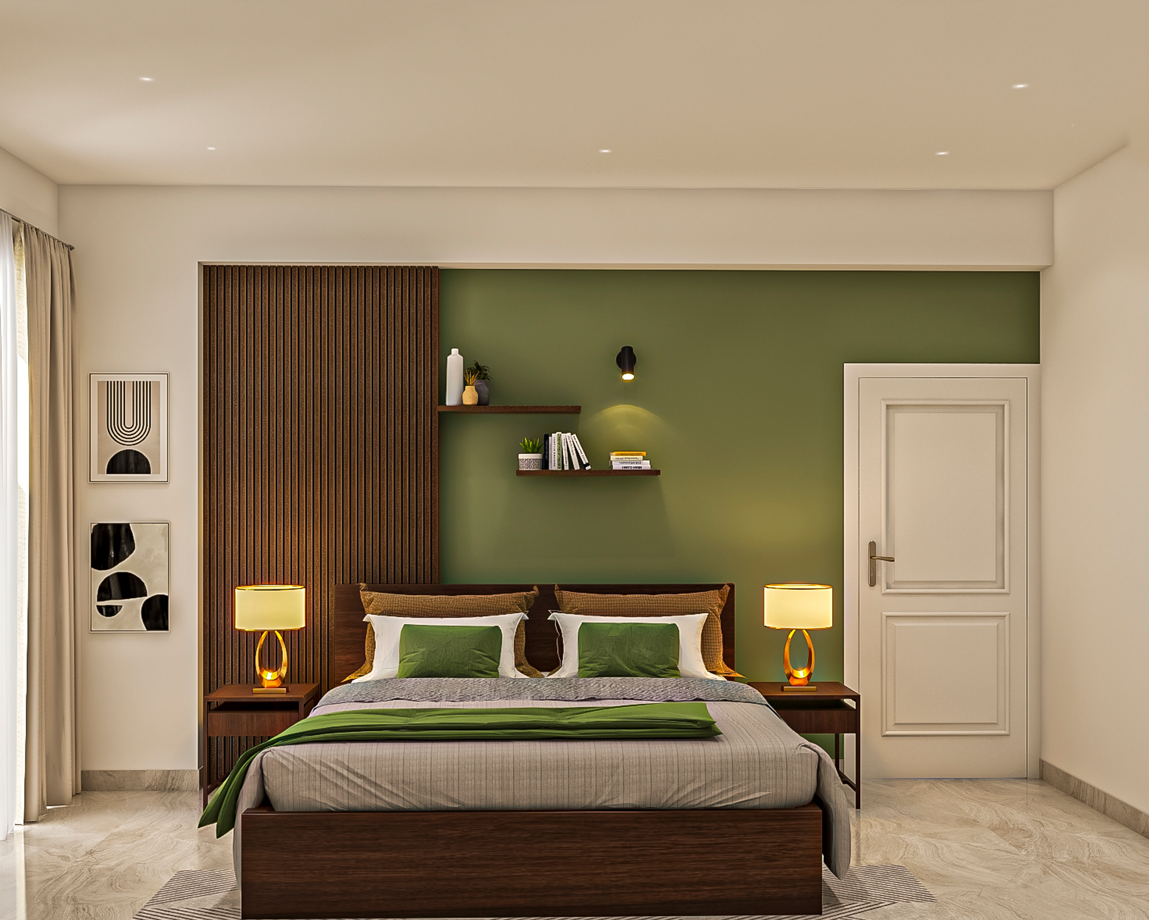 Modern Master Bedroom With Green Wall Design And Wooden Panels