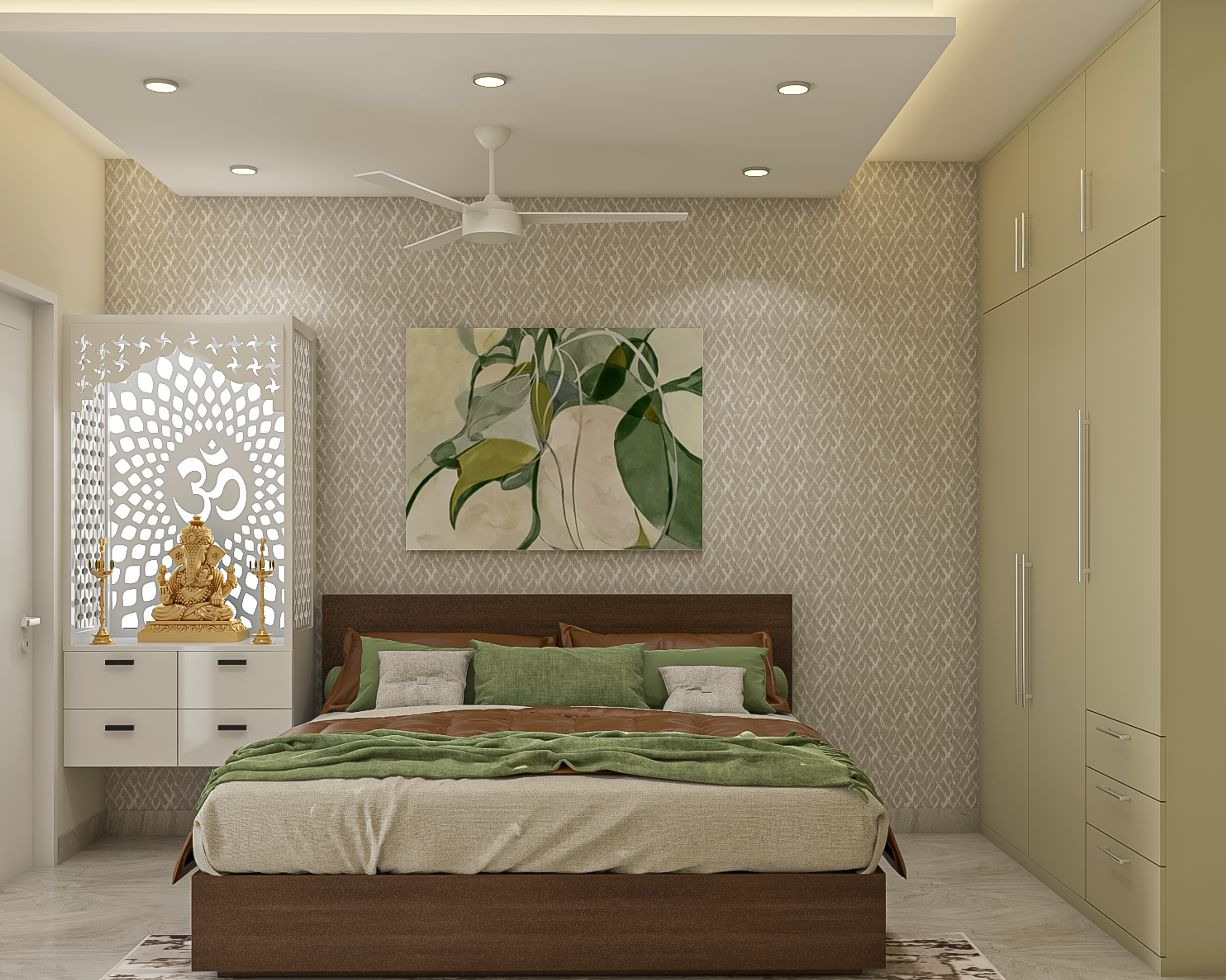 Modern Bedroom Design With Integrated Pooja Unit