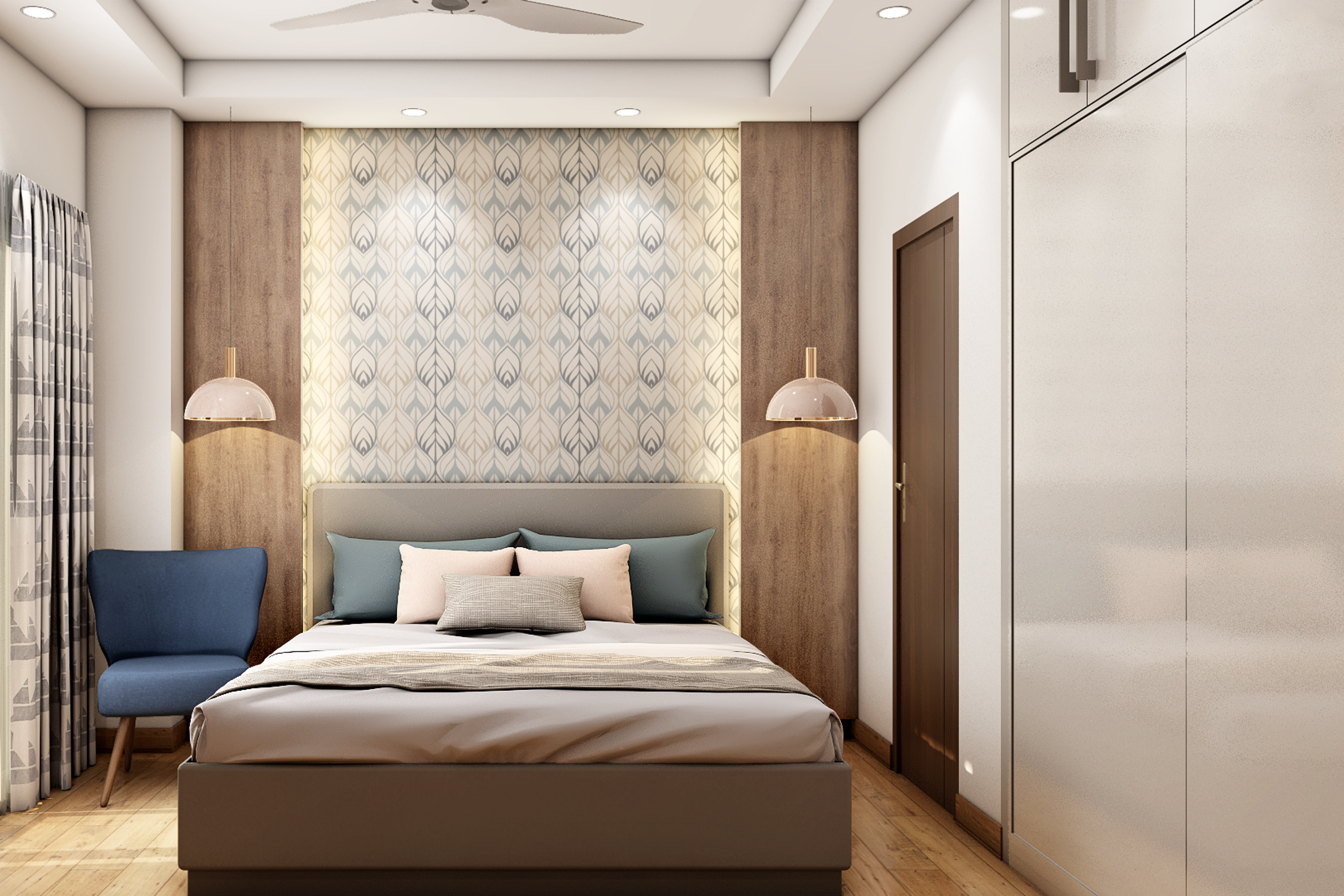 Modern Brown And Ivory Master Bedroom Design With Wallpaper