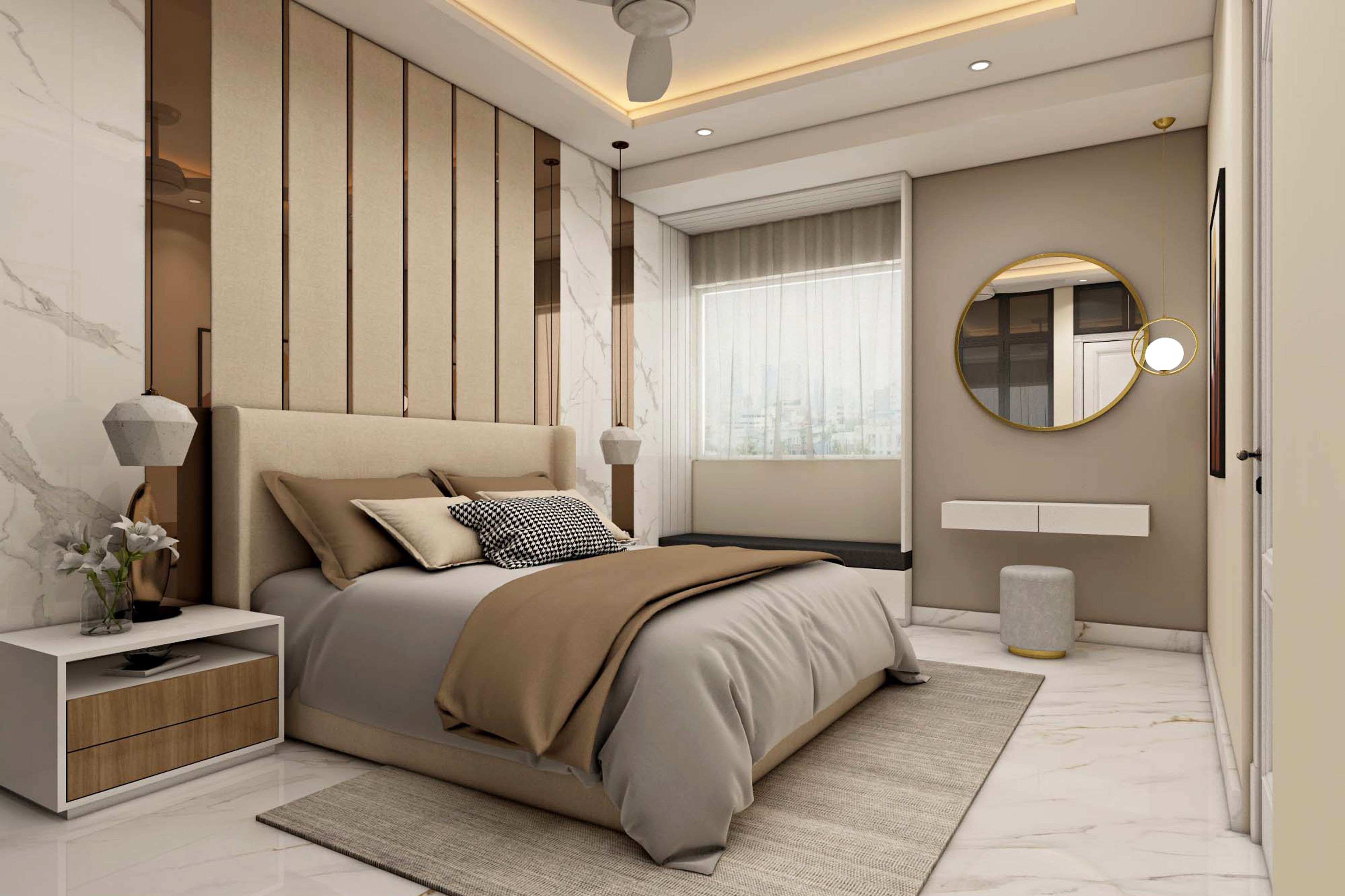 Modern Master Bedroom In Brown And Beige With Panelled Wall Design