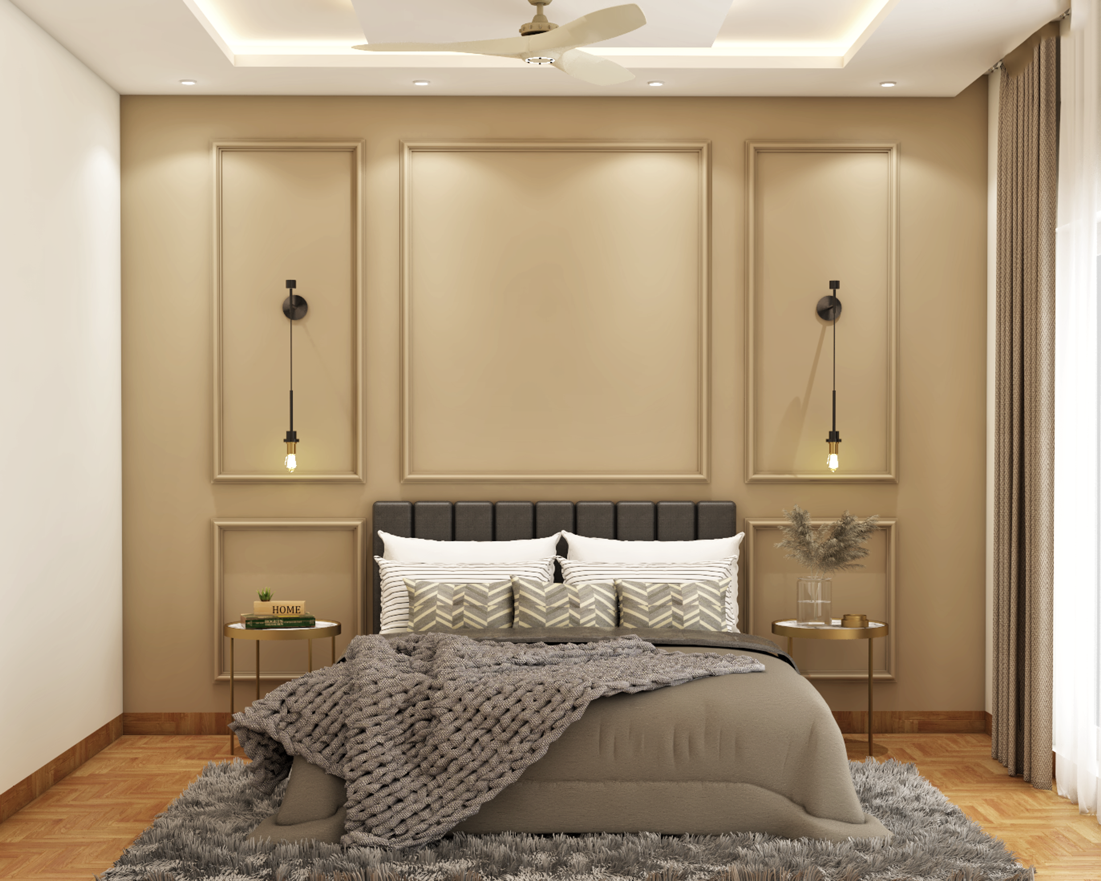 Modern Spacious Beige Master Bedroom With Wall Design