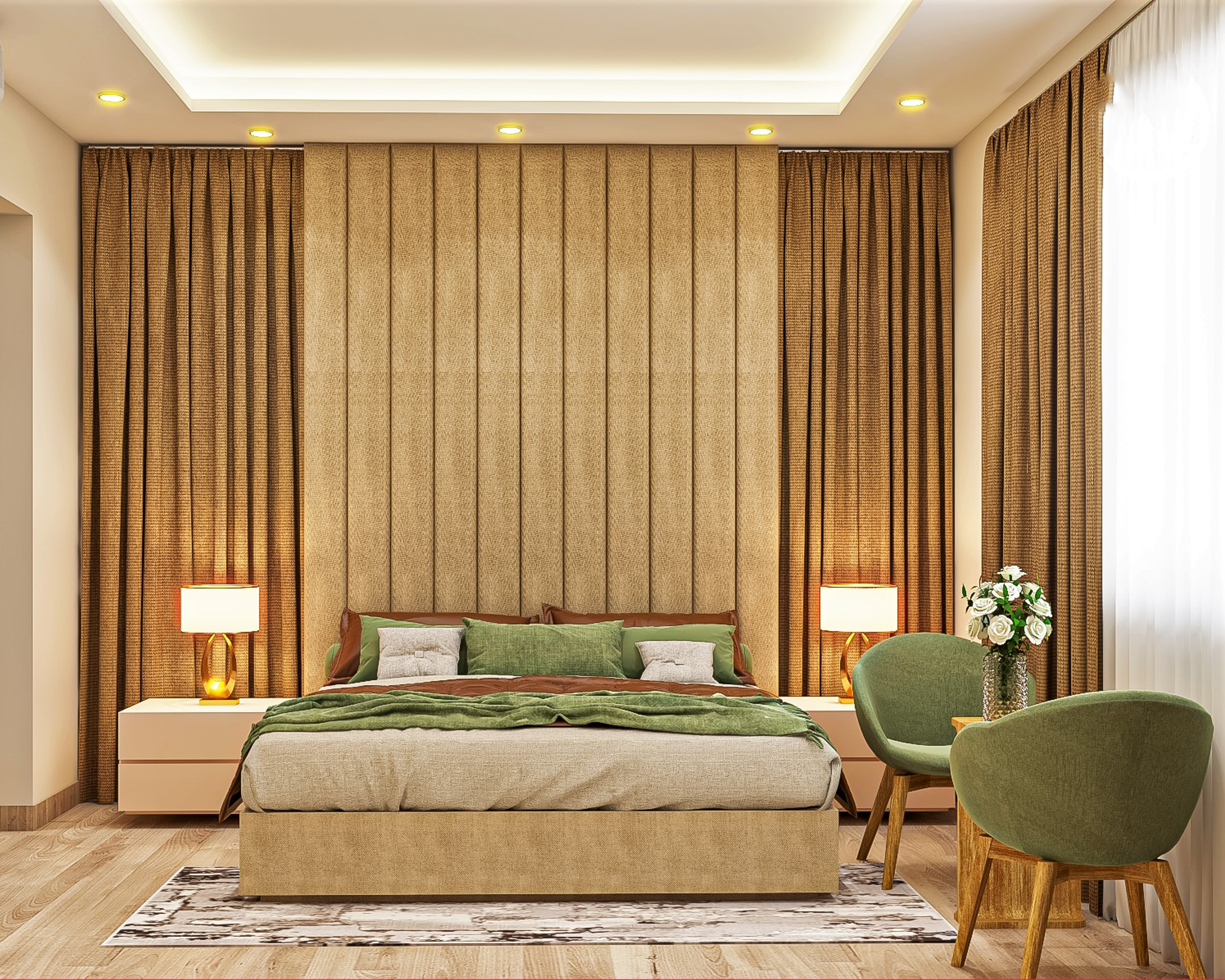 Modern Green And Brown Bedroom Design With Wall Decor
