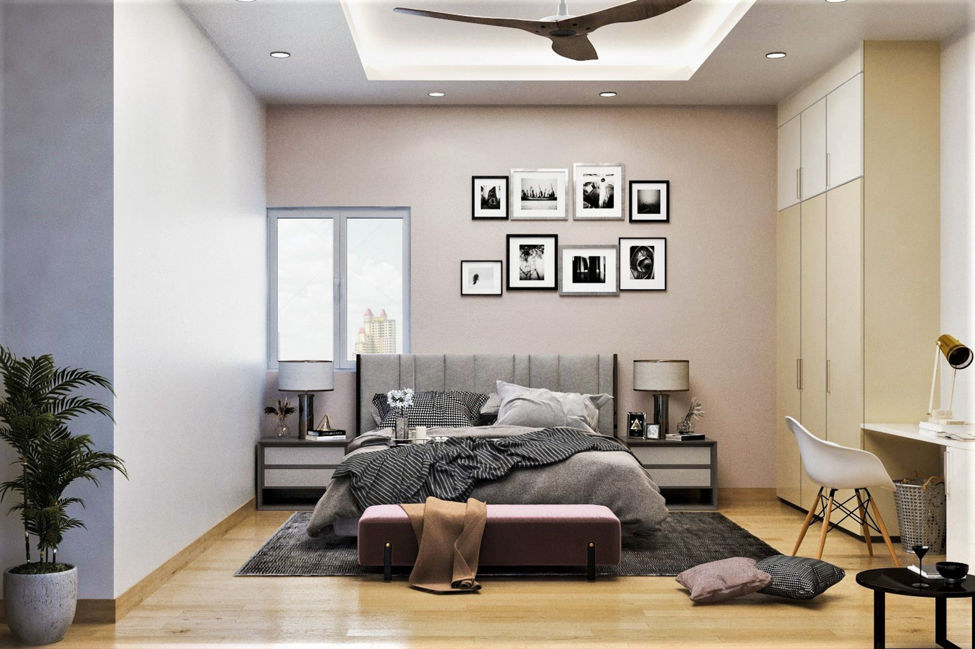 Modern Master Bedroom Design With Home Office And Wall Art