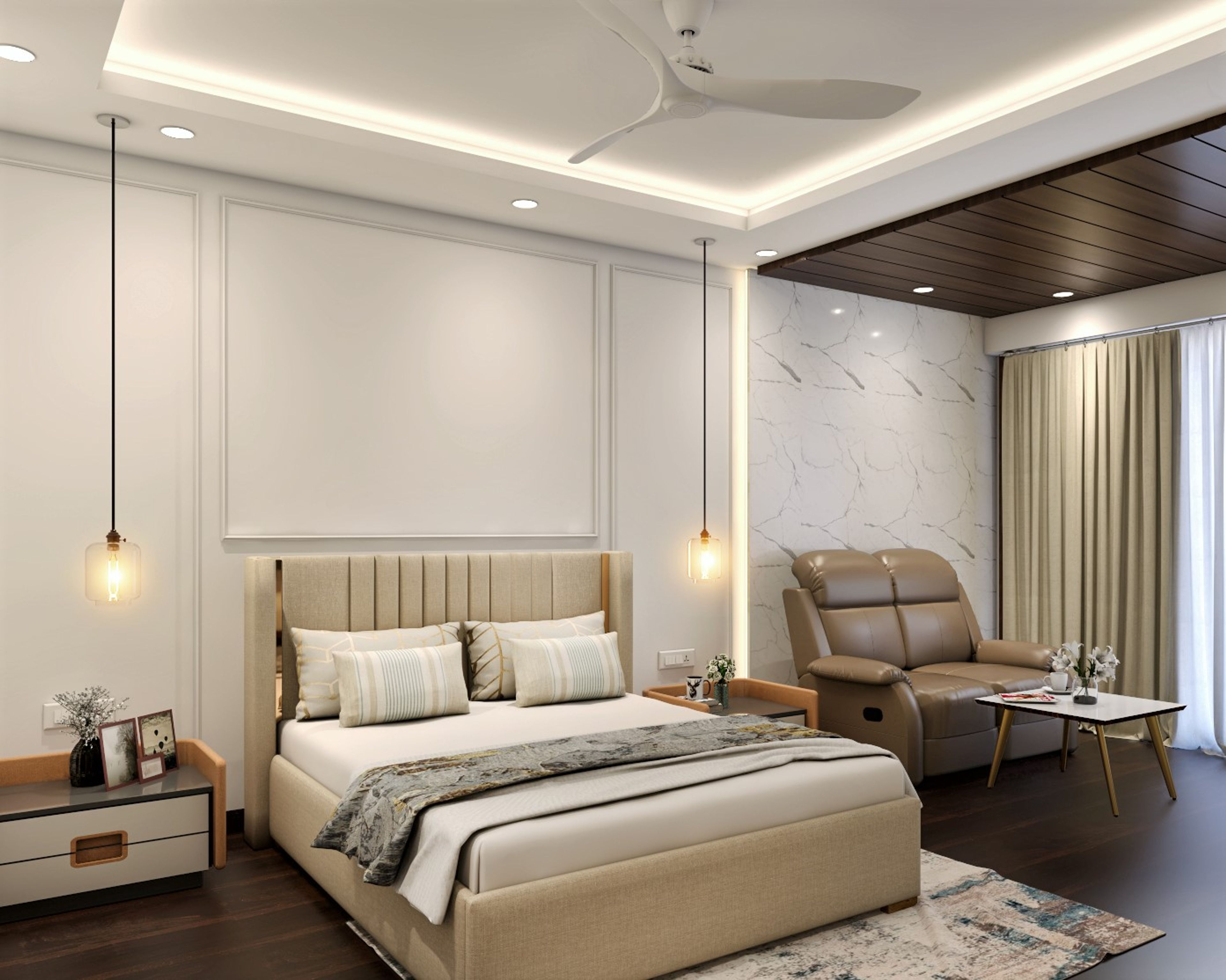 Modern Bedroom Design With Wooden False Ceiling And Tiled Wall