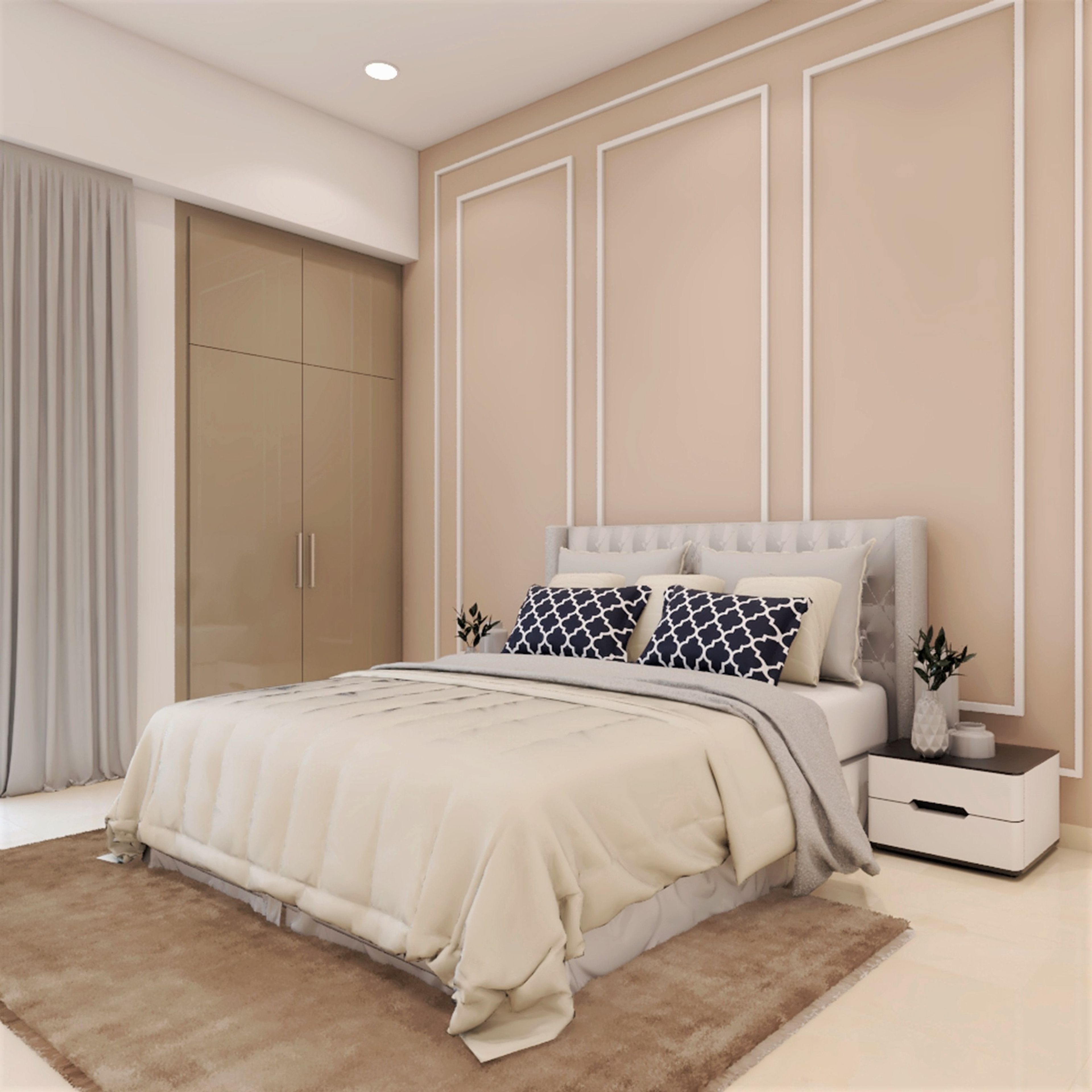 Contemporary Master Bedroom Design With Pink Wall Paint And White Trims