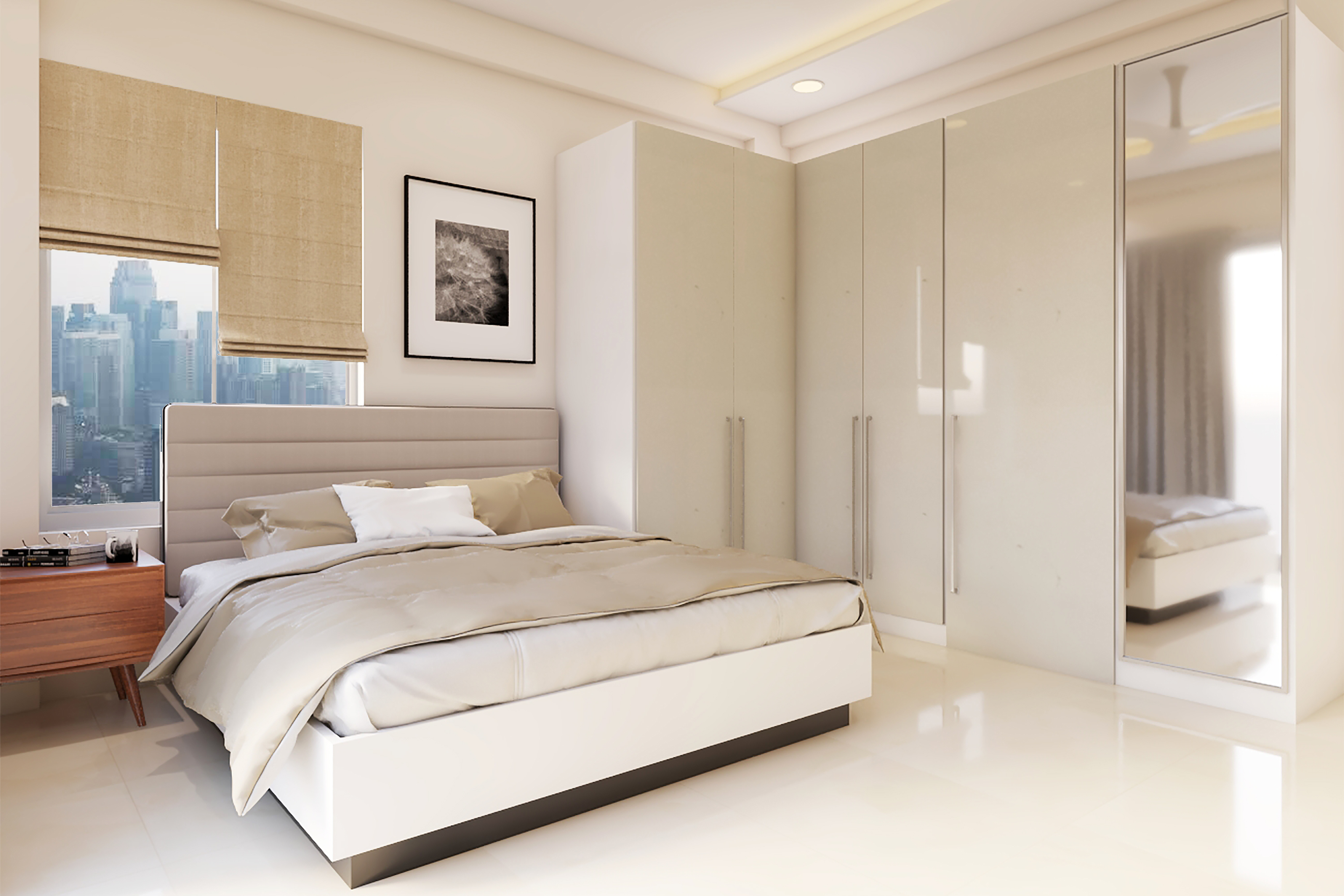 Contemporary Beige Bedroom Design With Victorian Styled Wallpaper