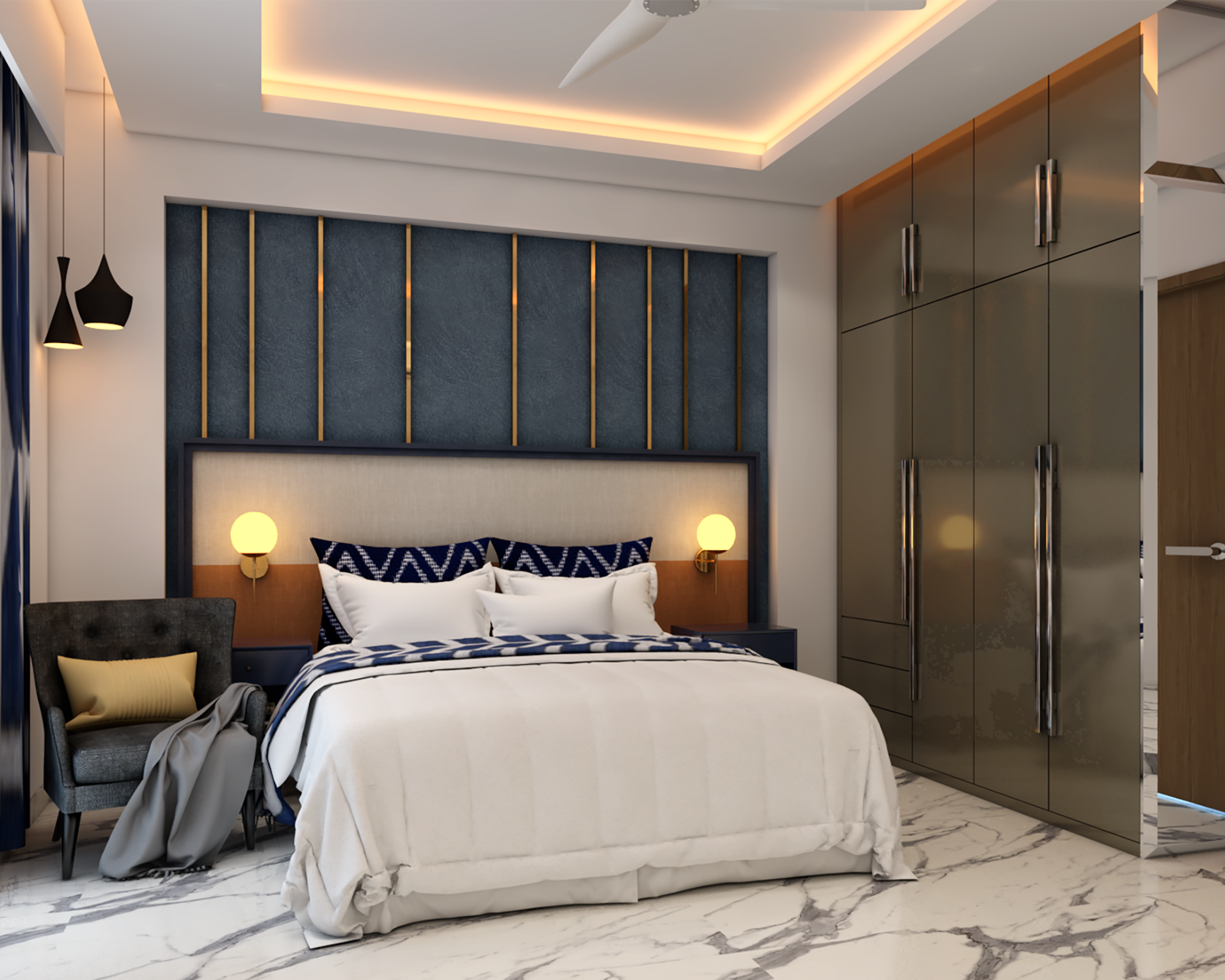 Compact Master Bedroom Design With Dark Blue Textured Wall With Gold Strips