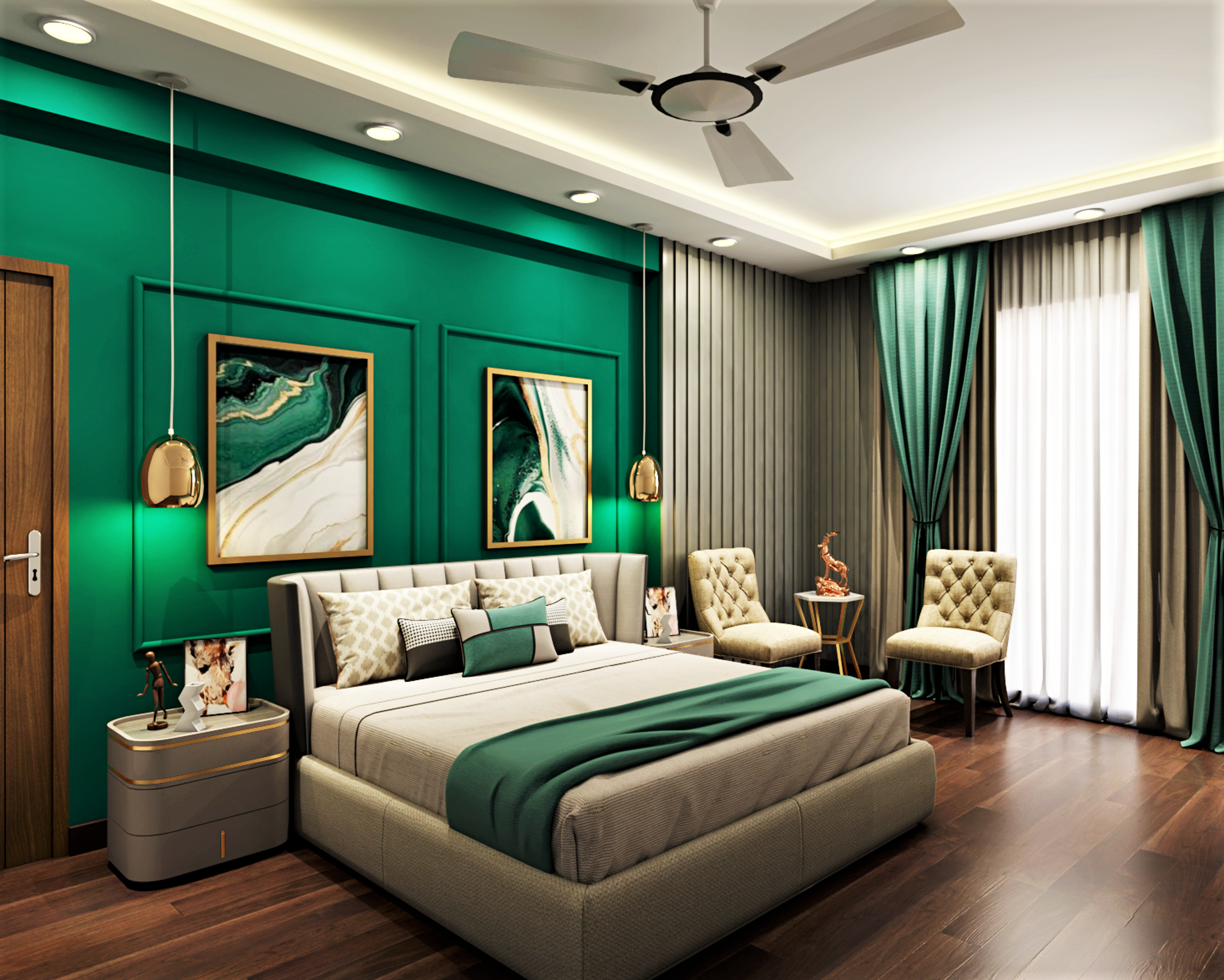 Classic Master Bedroom Design Green Accent Wall
