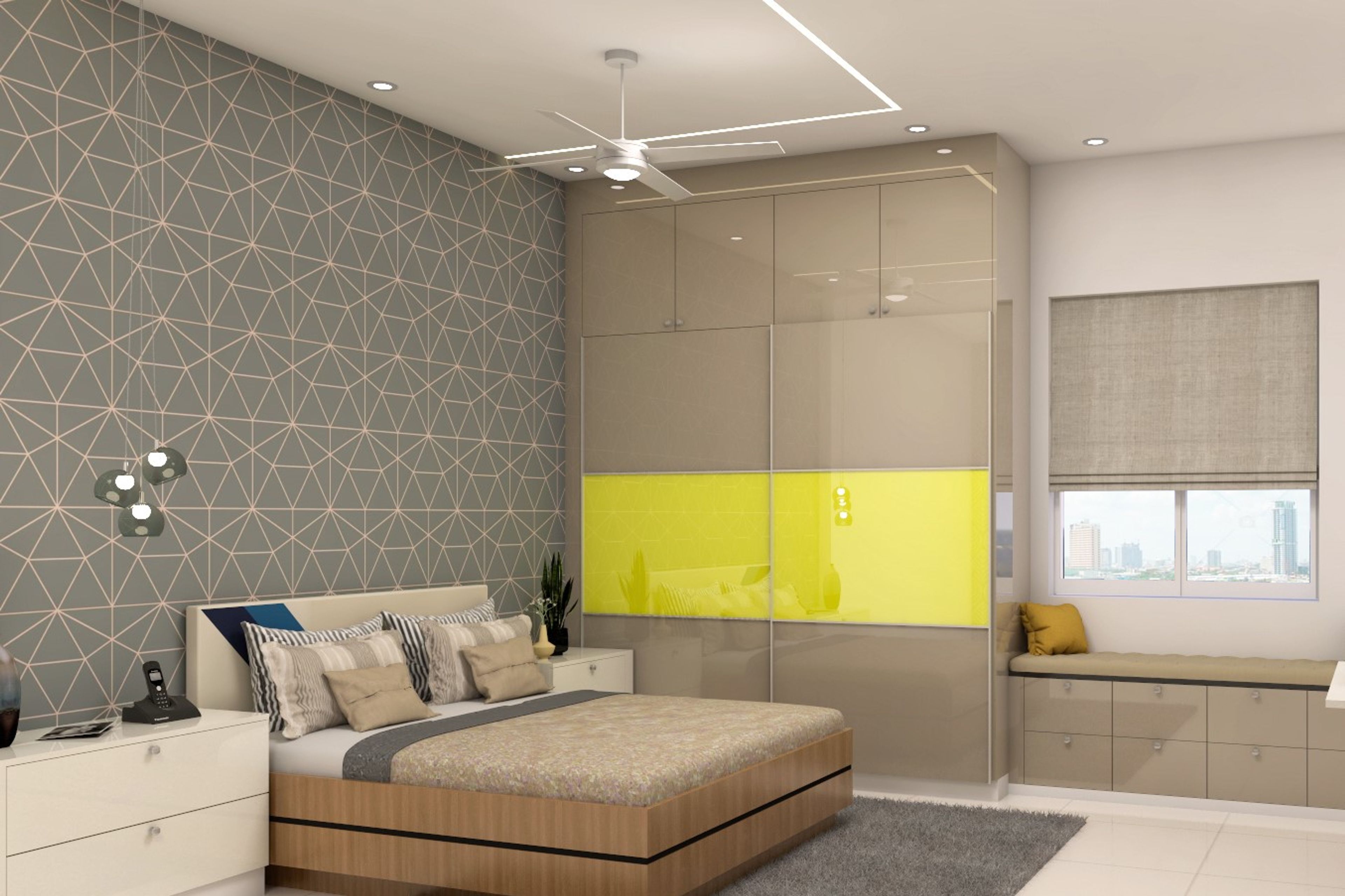 Modern Master Bedroom Design With Grey Geometric Wallpaper