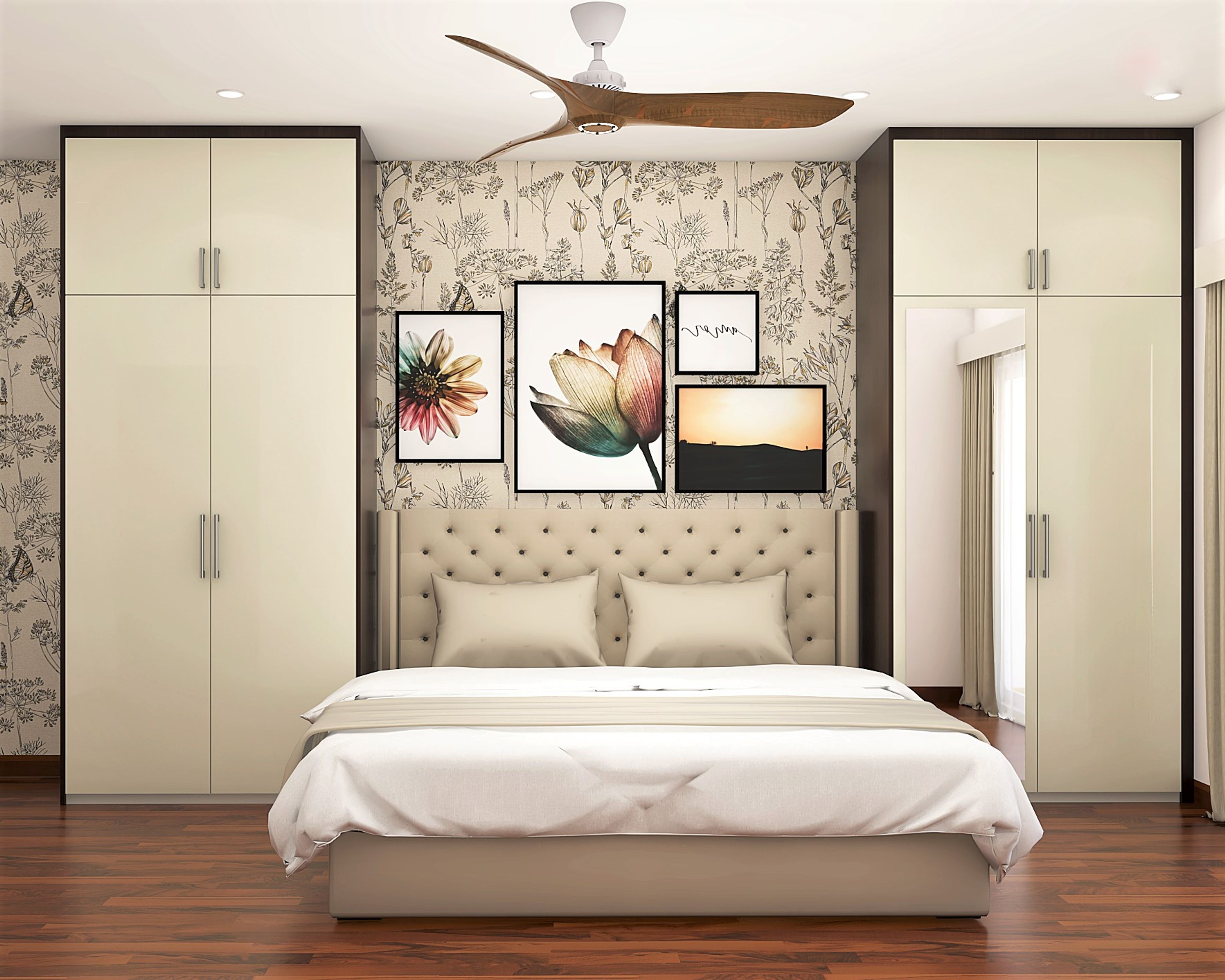 Modern Beige Bedroom Design With Floral Wallpaper