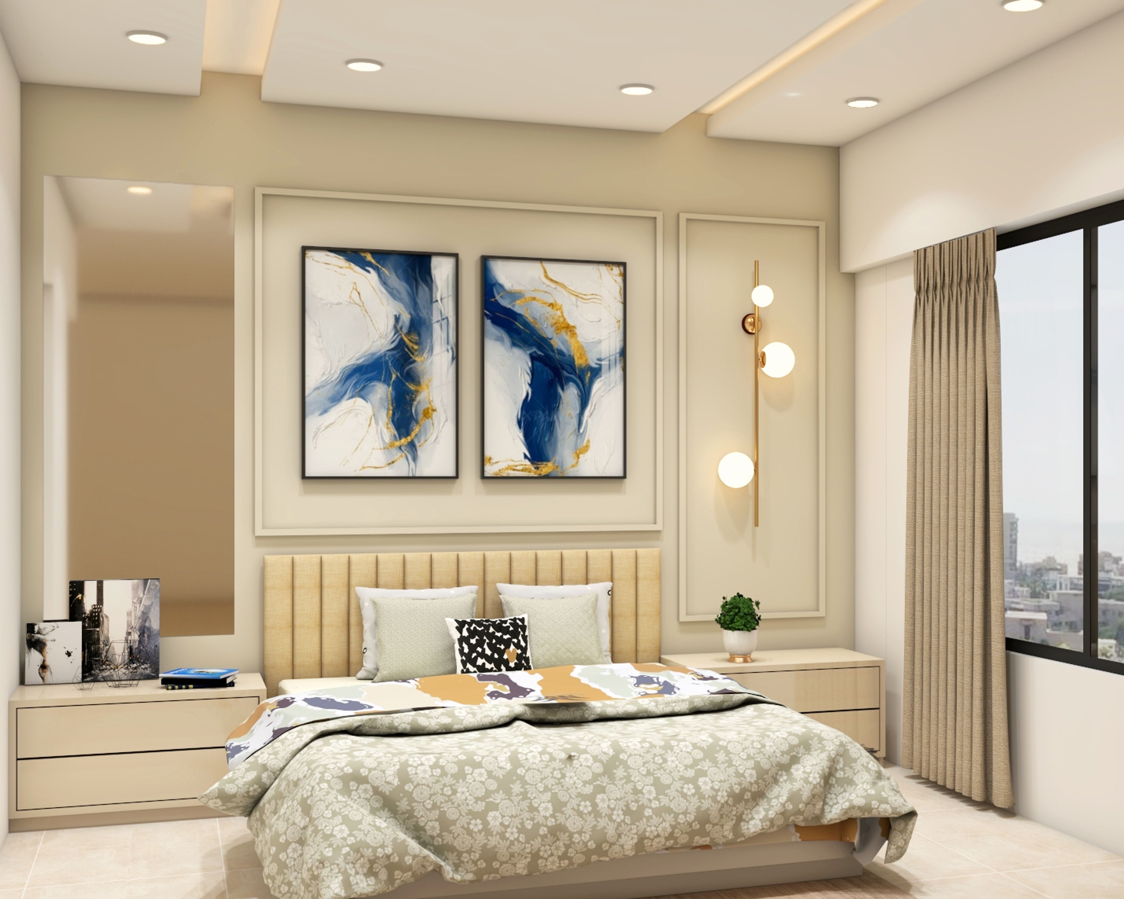 Classic Beige And White Bedroom Design With False Ceiling