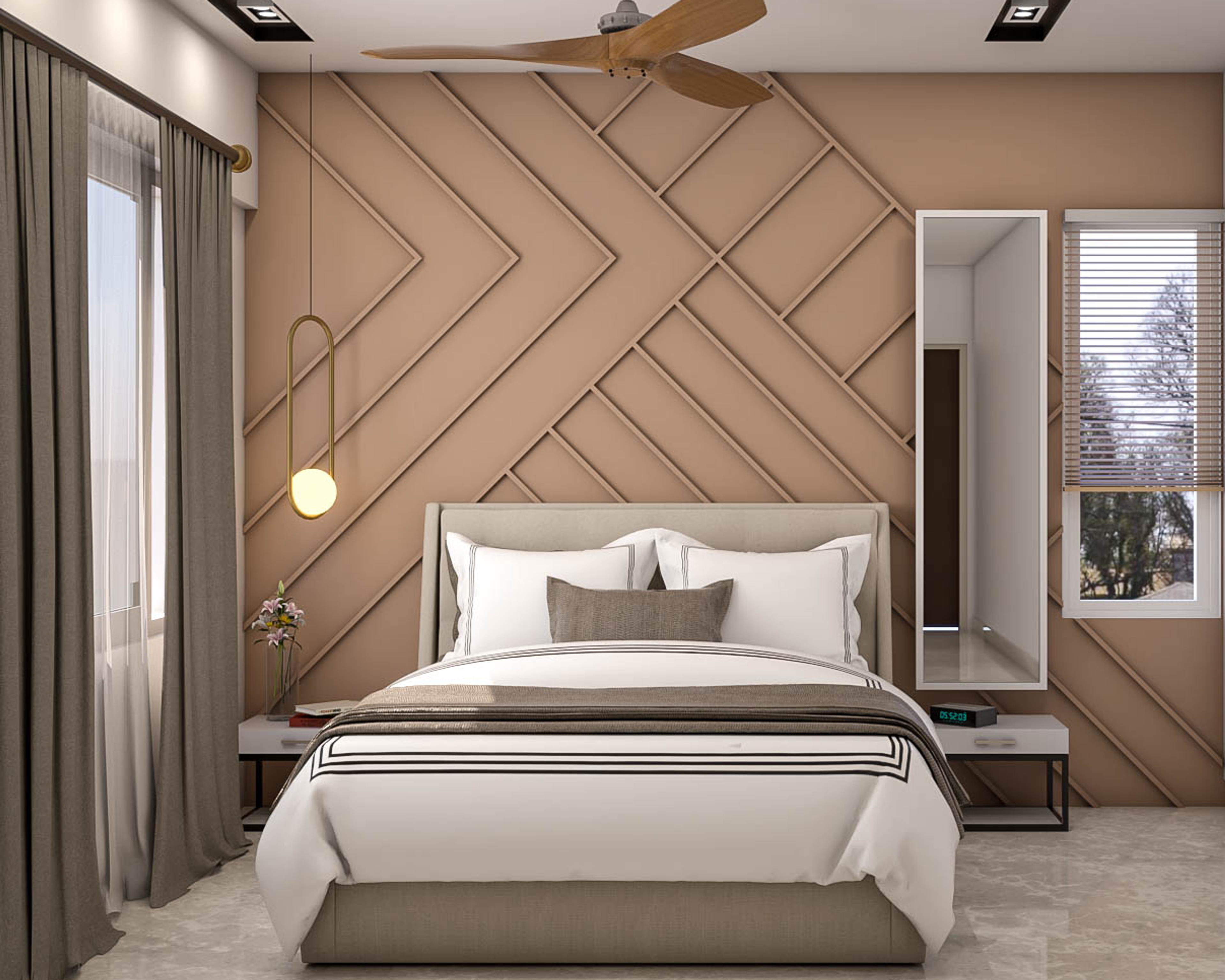 Spacious Master Bedroom Design With Brown Accent Wall And Geometric Trims