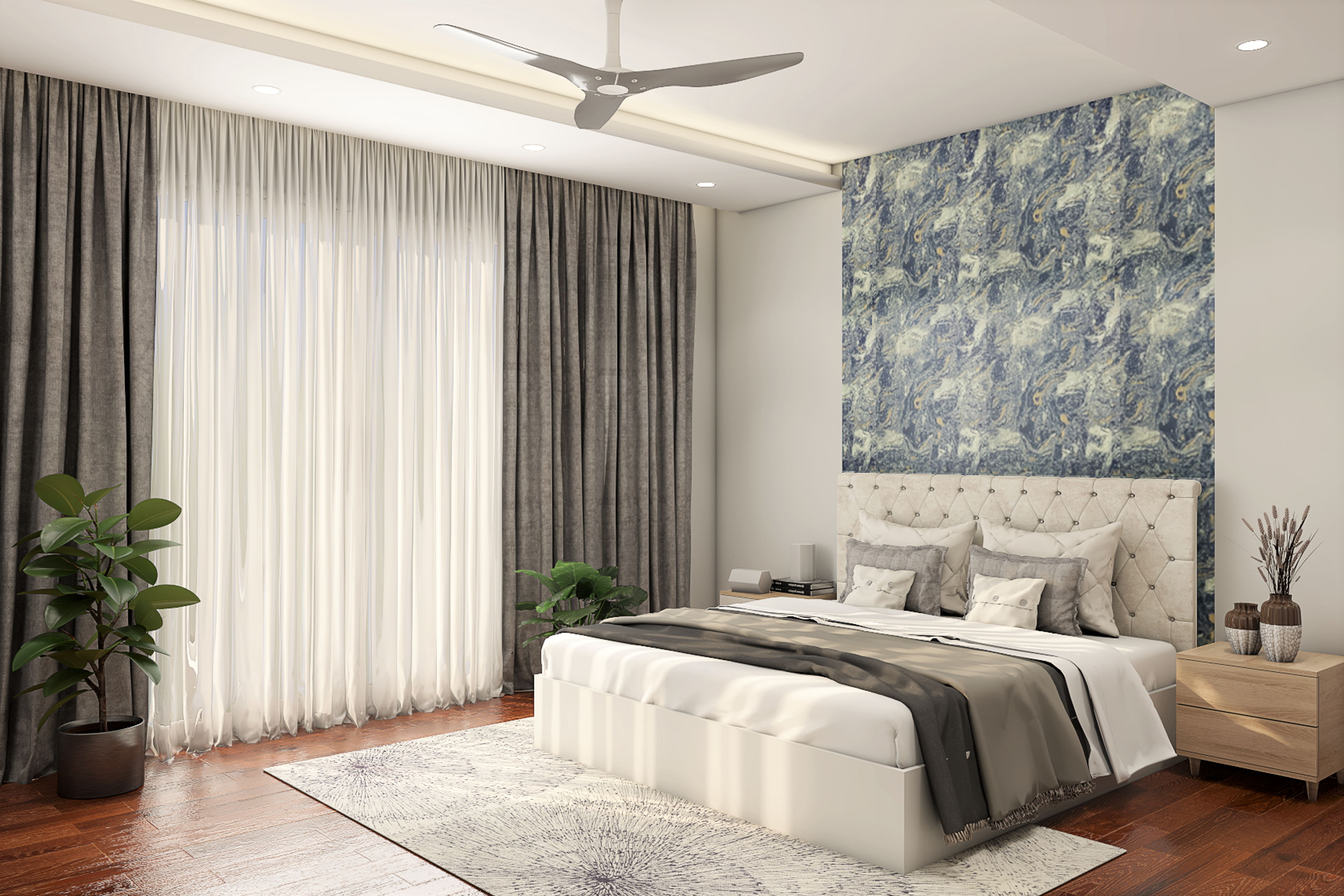 Modern Bedroom Design With Blue And White Textured Wallpaper