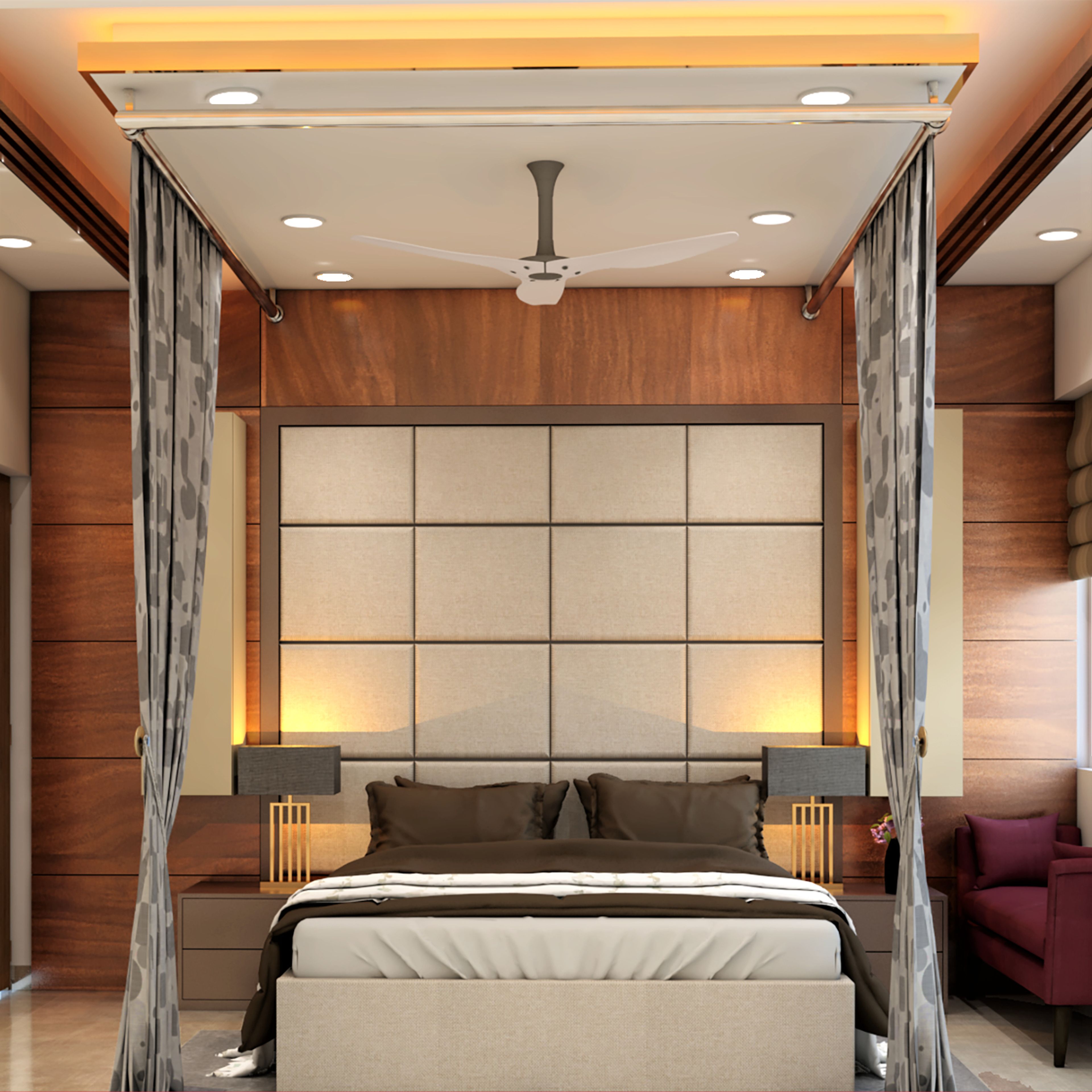 Modern Bedroom Design With Cushioned White Accent Wall And Wooden Panelling