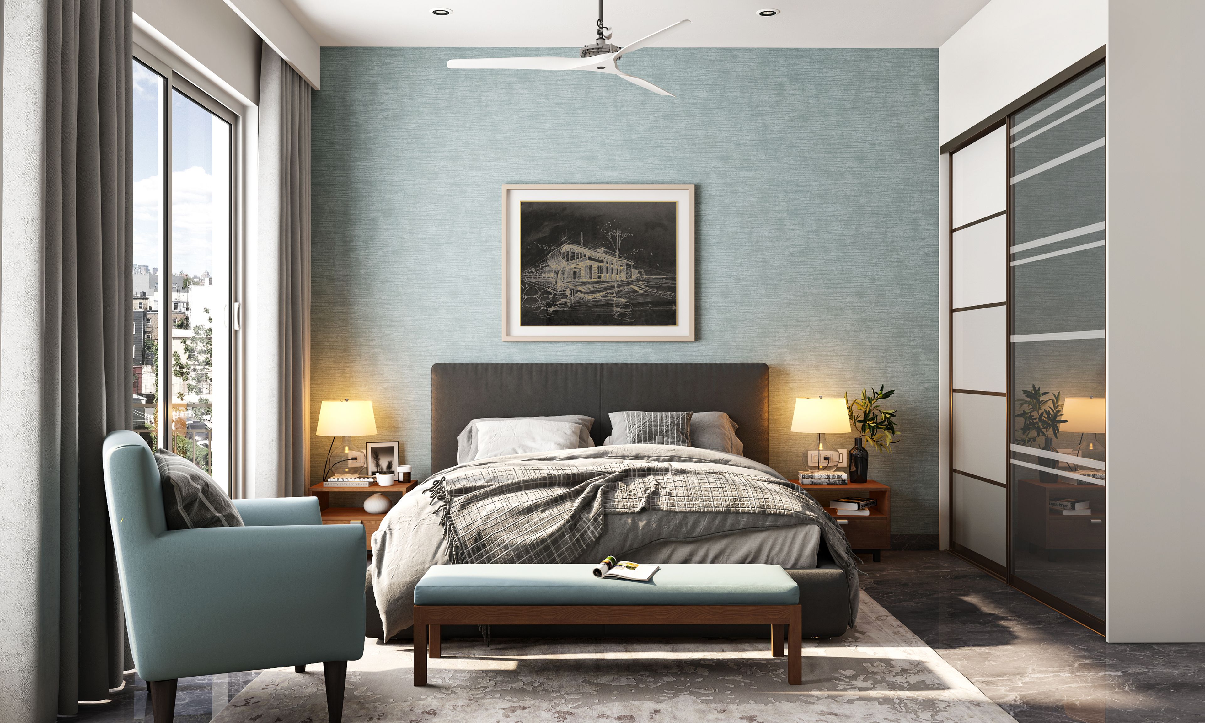 Grey Bed Contemporary Spacious Master Bedroom Design with Textured Wall - Livspace