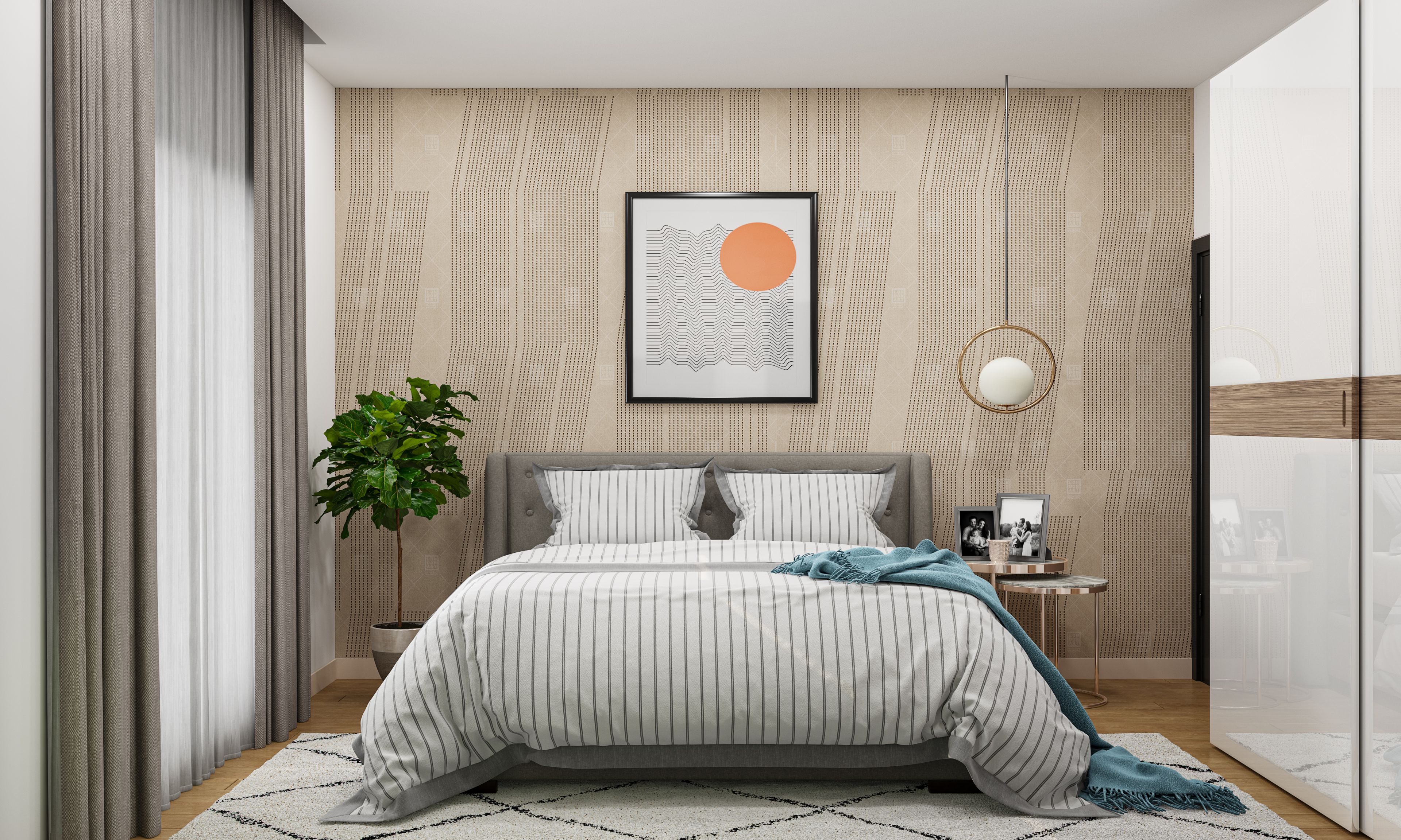 Tufted Double Bed Spacious Master Bedroom Design with Textured Wall