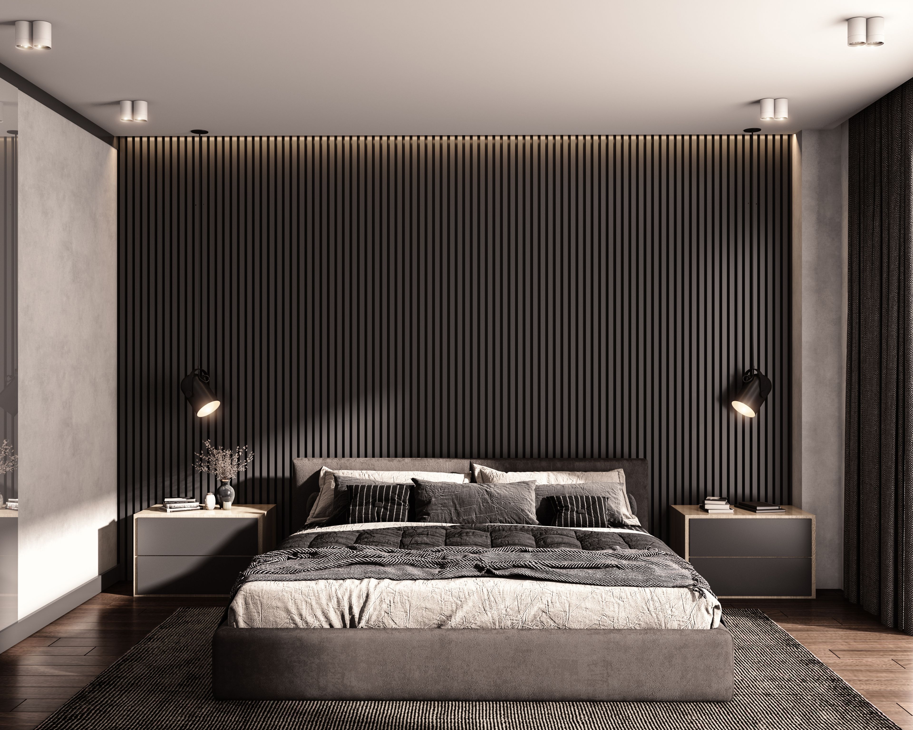 Warm Black Spacious Master Bedroom Design with Wooden Panelling