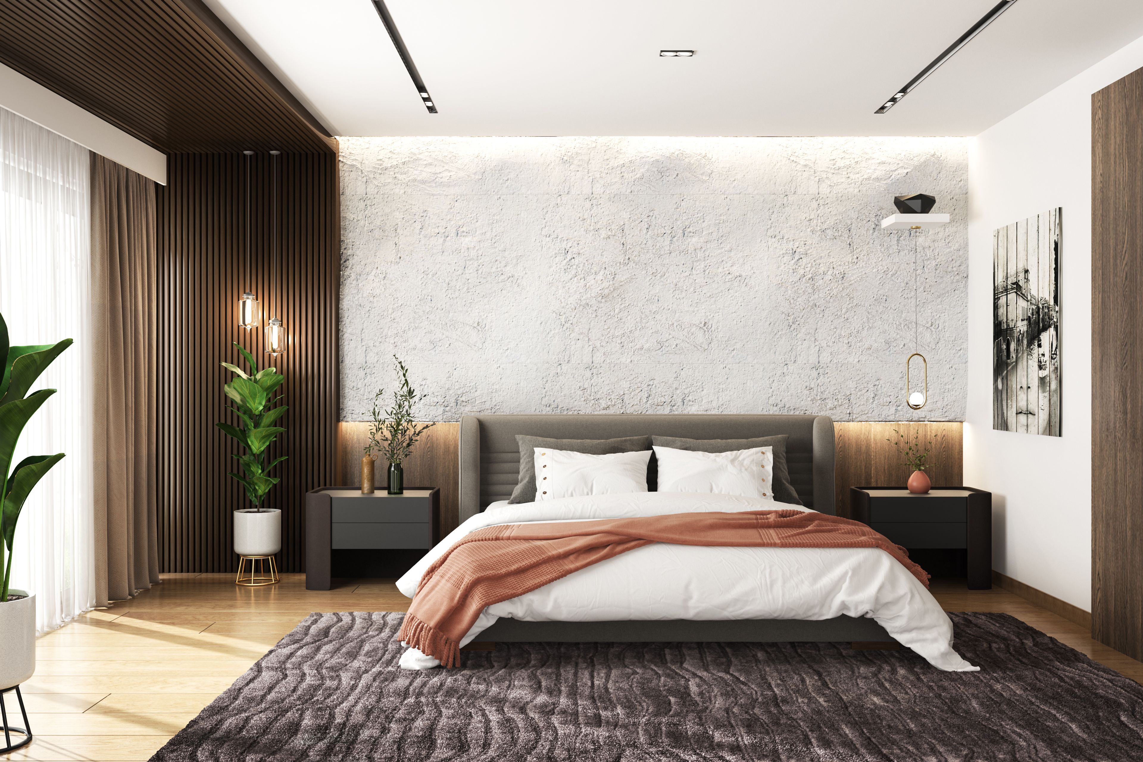 Contemporary Spacious Master Bedroom Design with Wooden Panelling