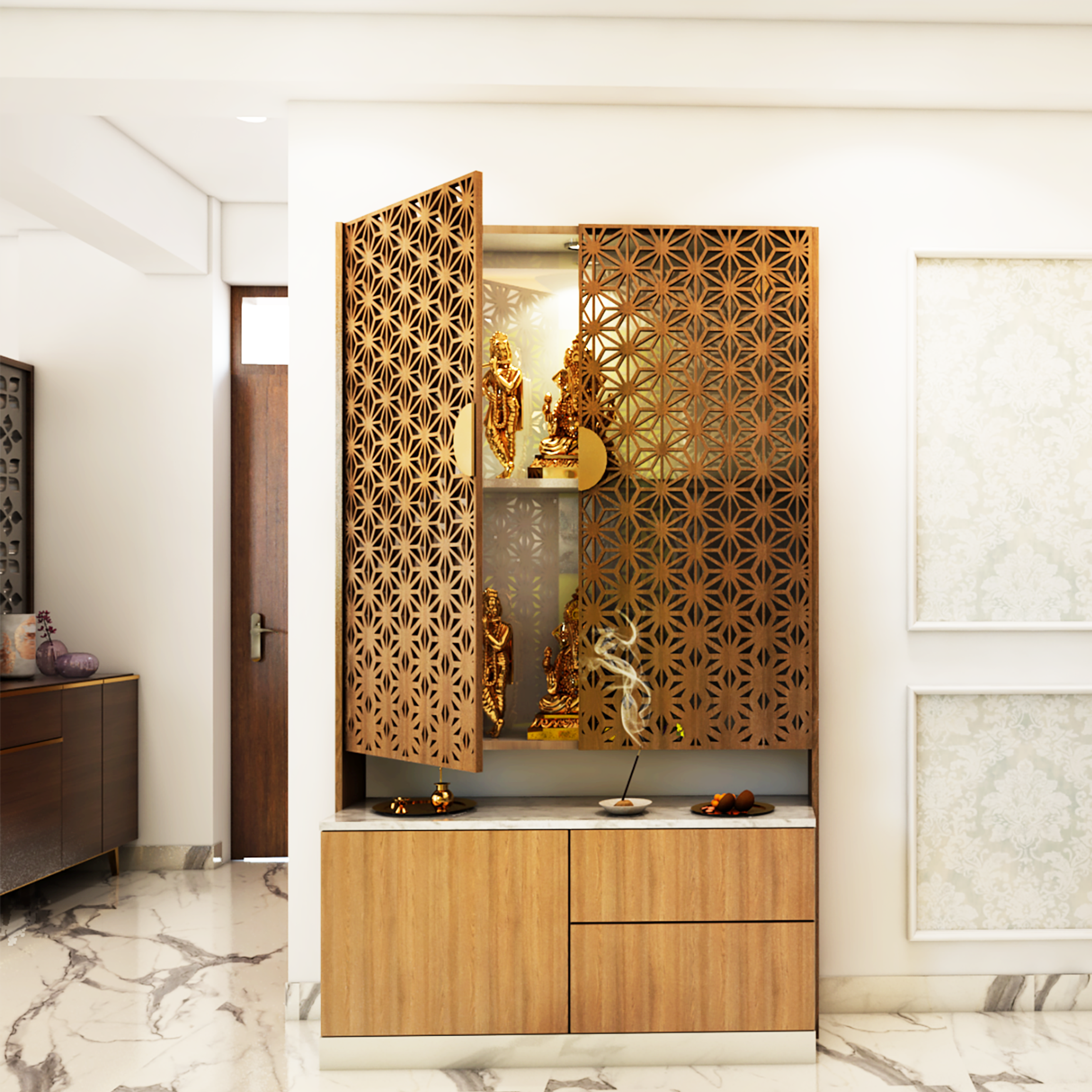 Wooden Textured Modern Spacious Pooja Room Design