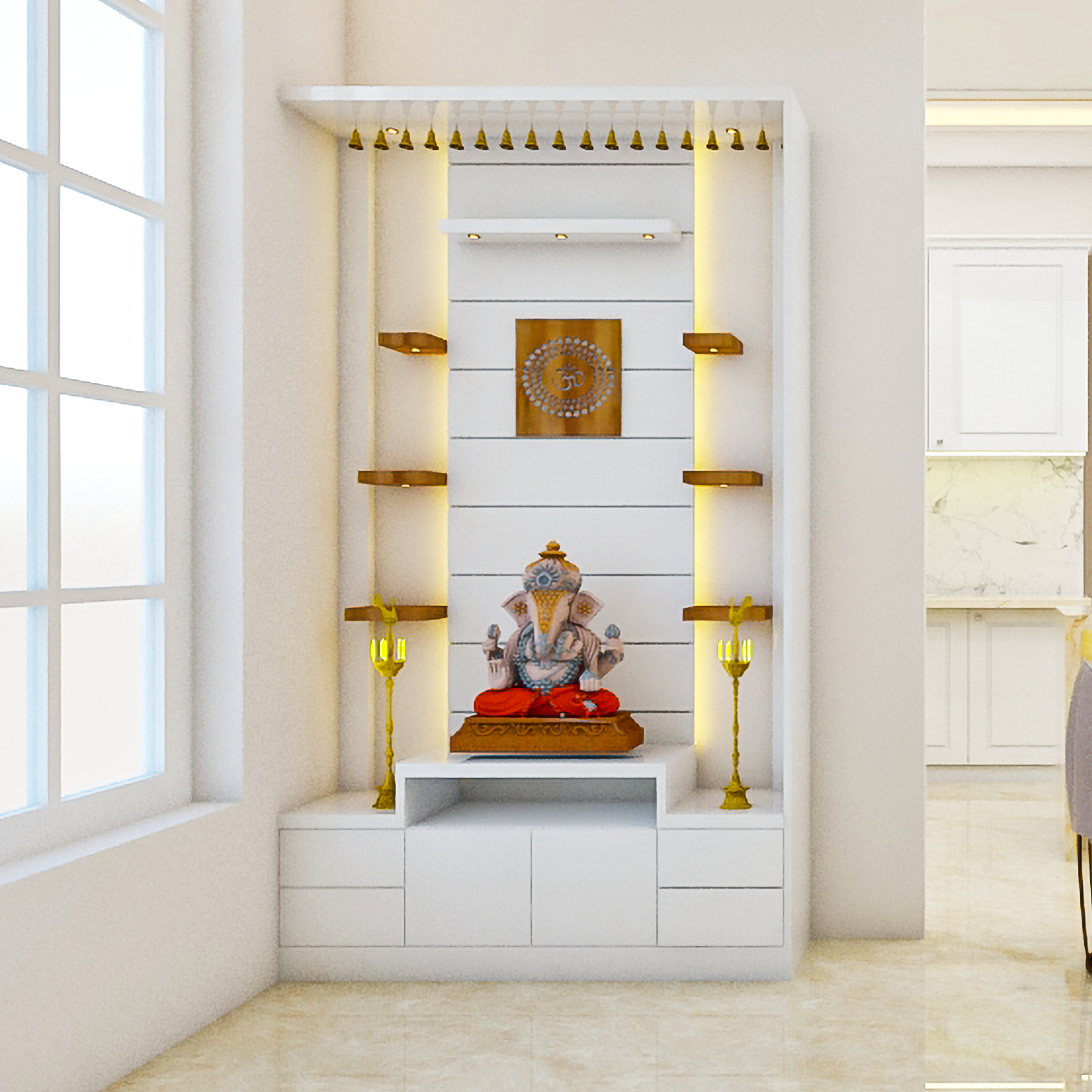White Compact Modern Spacious Mandir Design for Home - Livspace