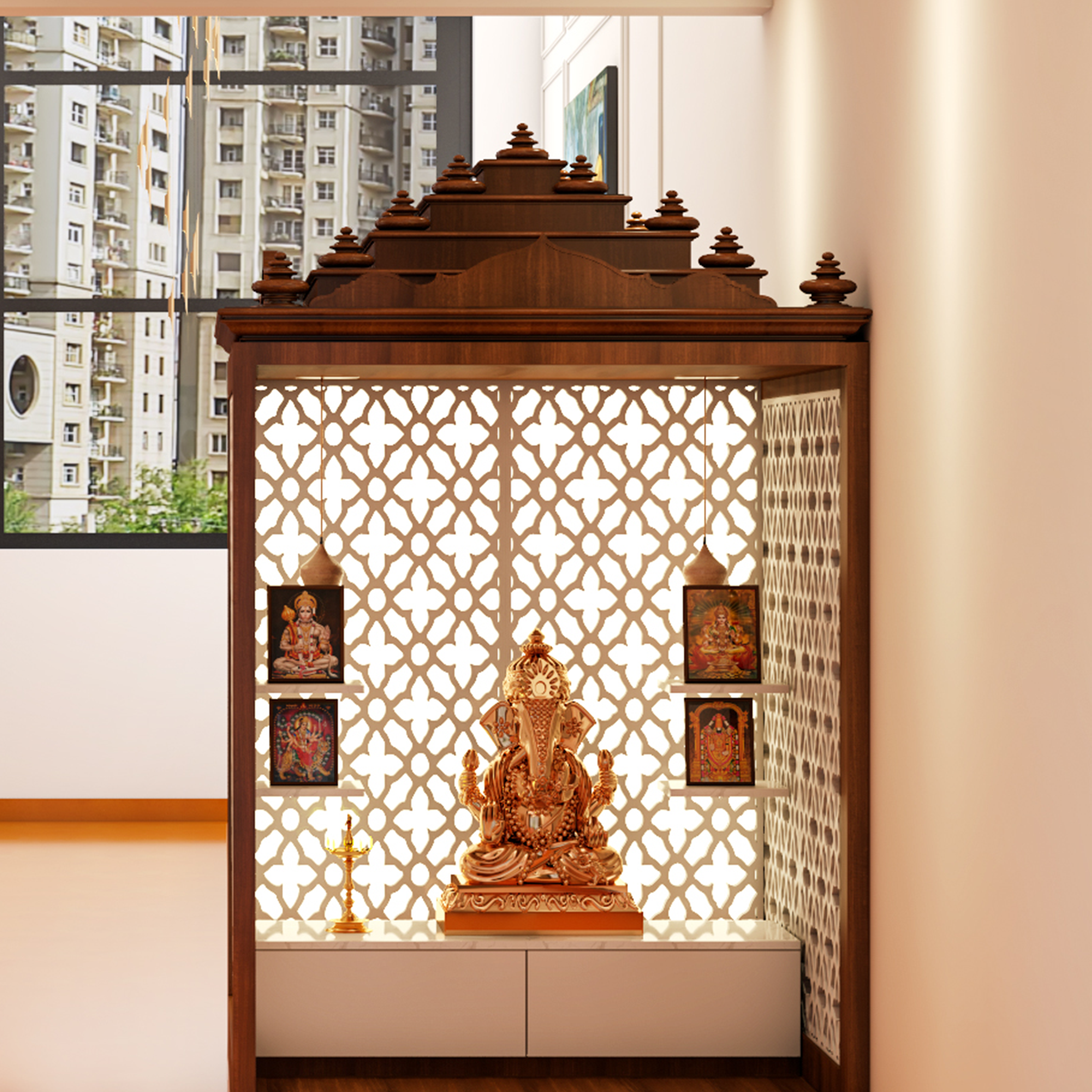 Cream and Wood Modern Spacious Mandir Design for Home