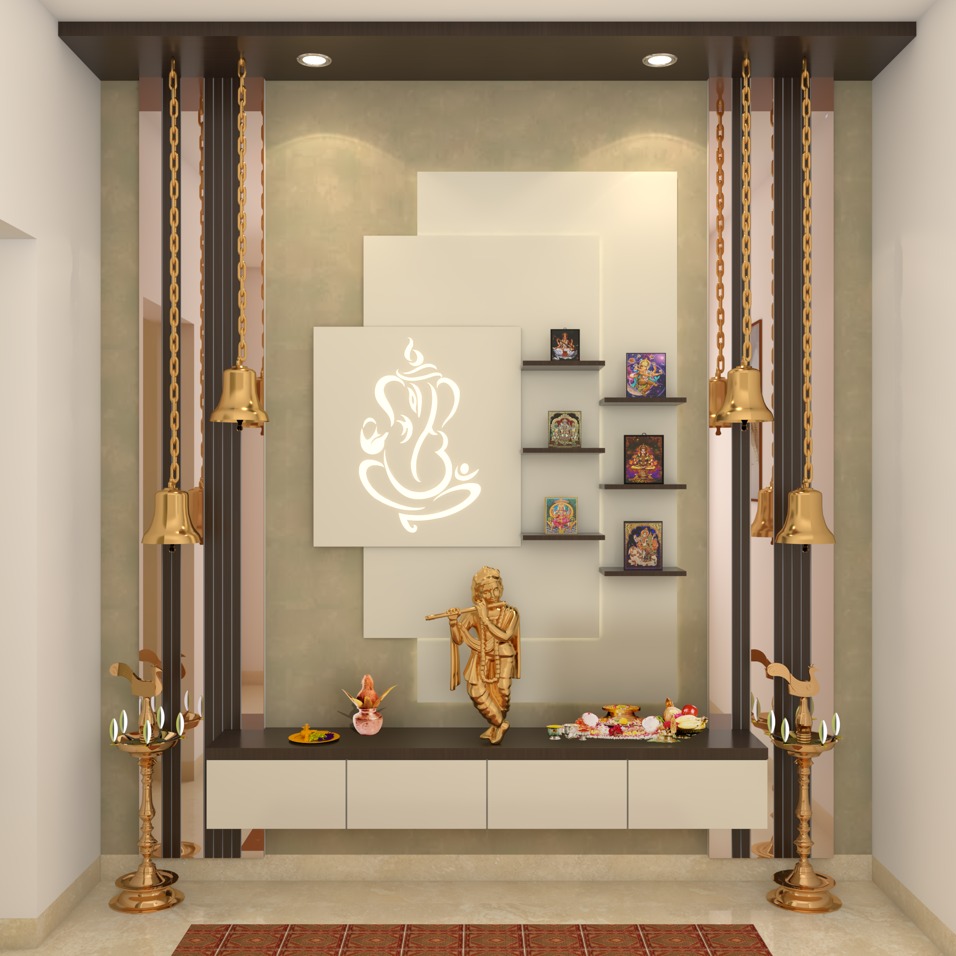 Textured Backdrop Modern Spacious Pooja Room Design
