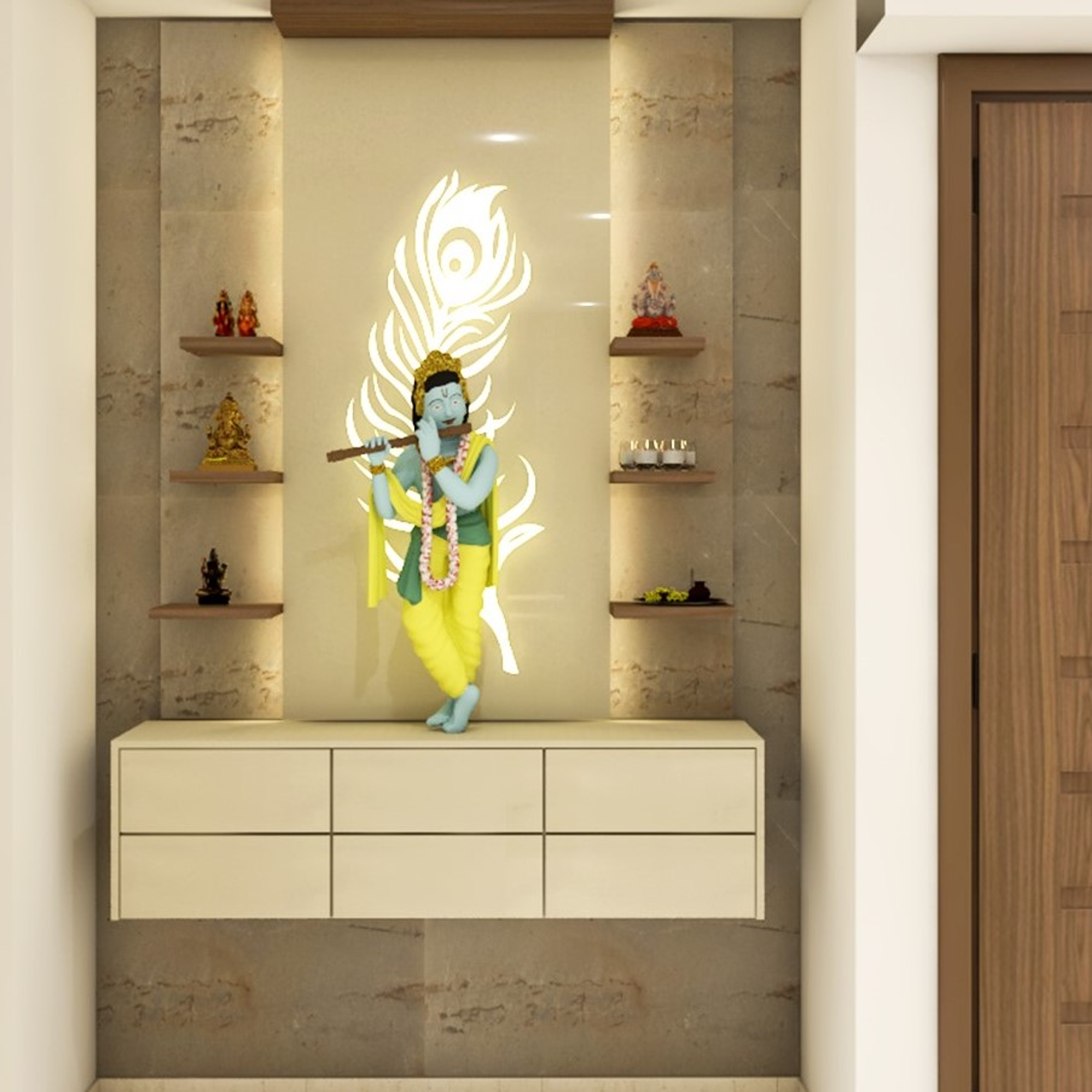 Modern Spacious Pooja Room Design with Peacock Feather Backlight