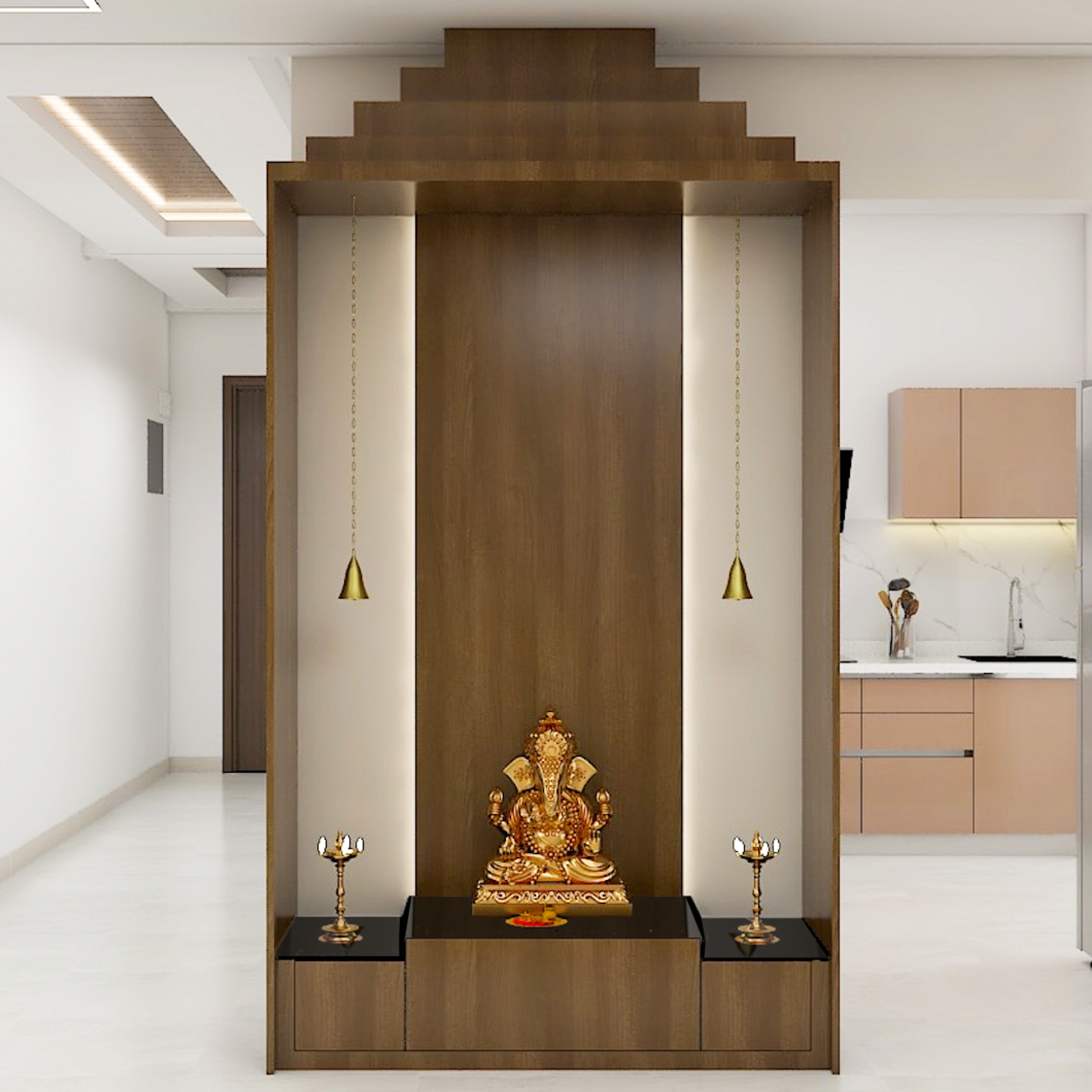 Wooden Textured Modern Spacious Mandir Design for Home