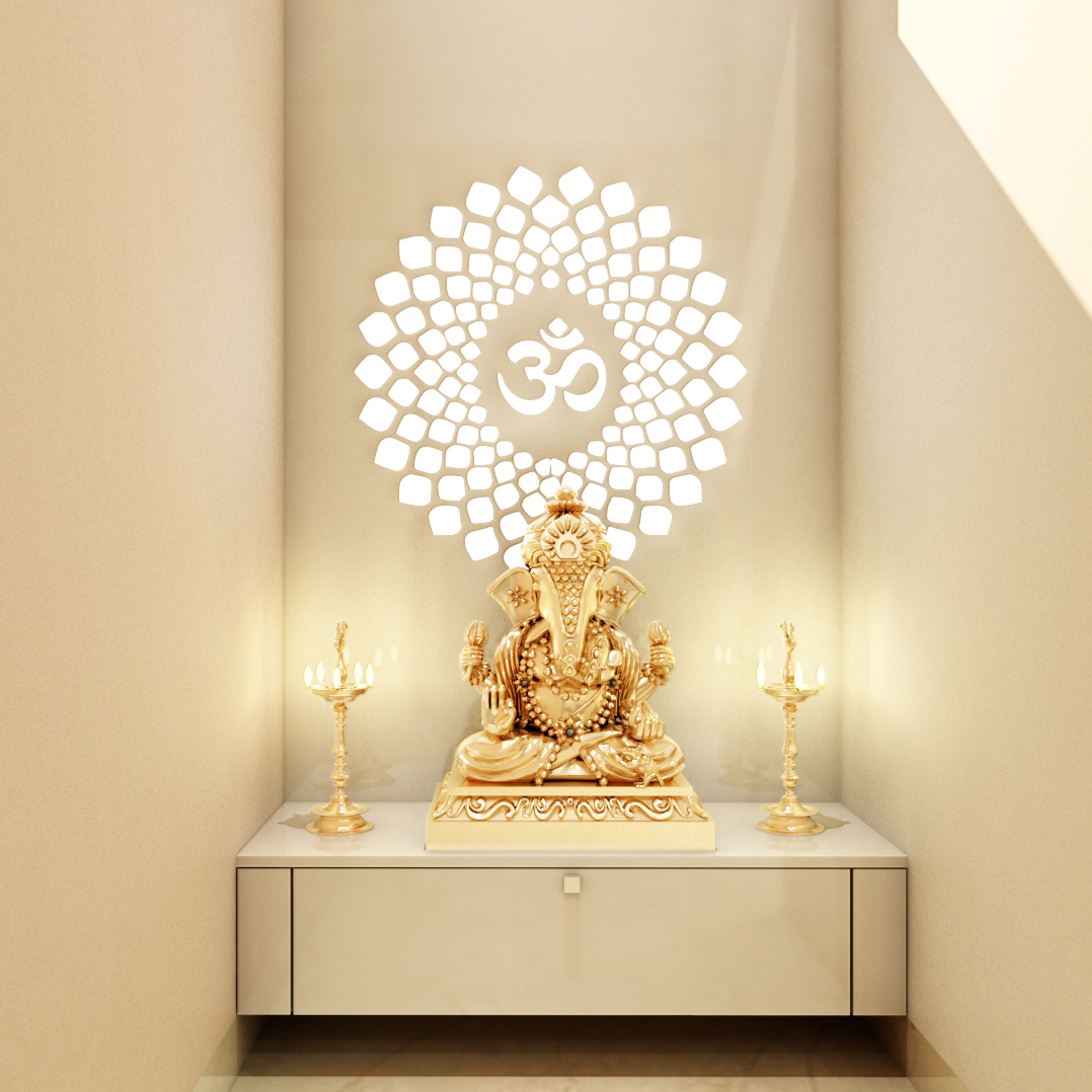 Wooden Textured Modern Spacious Pooja Room Design