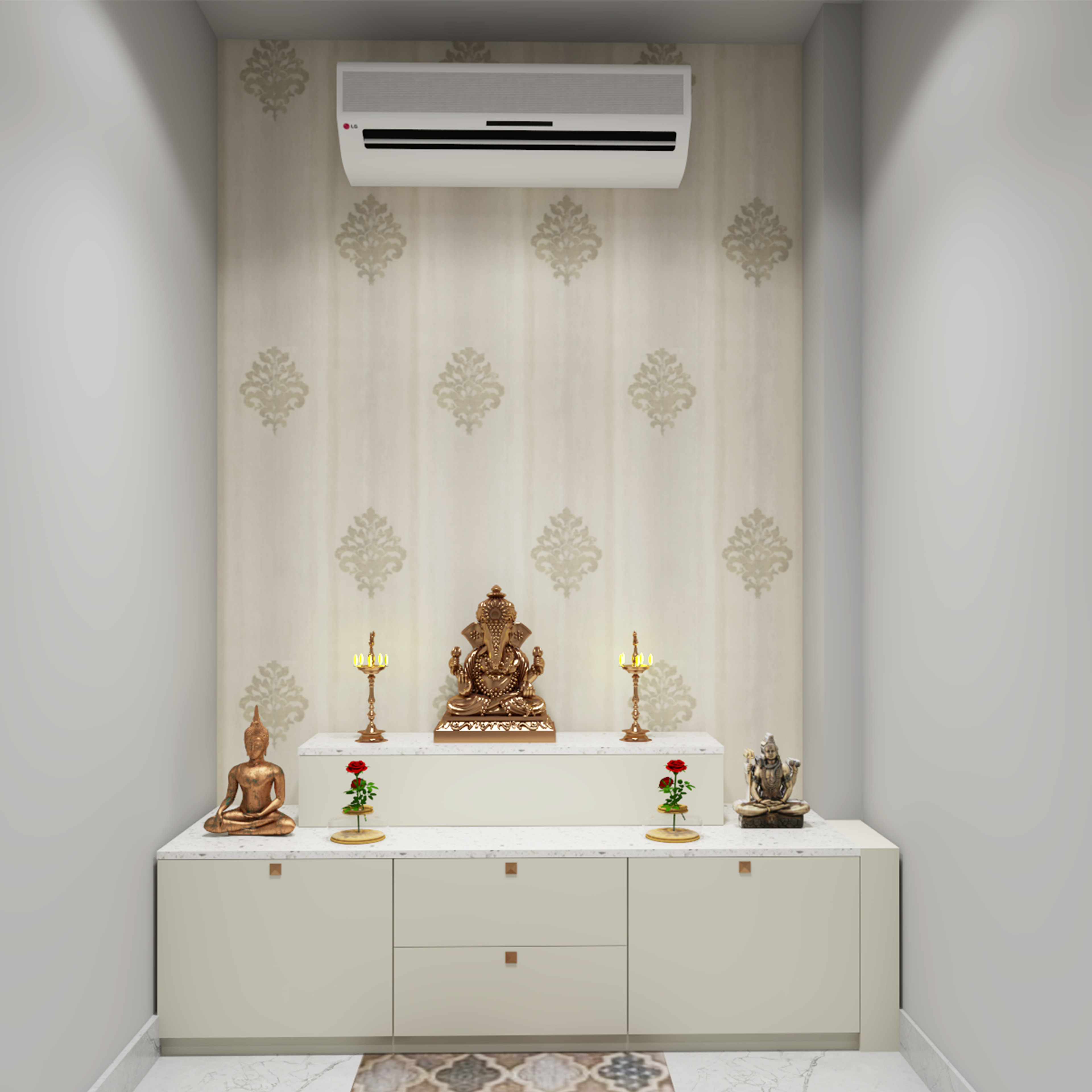 Step Style Modern Spacious Pooja Room Design with Patterned Wall