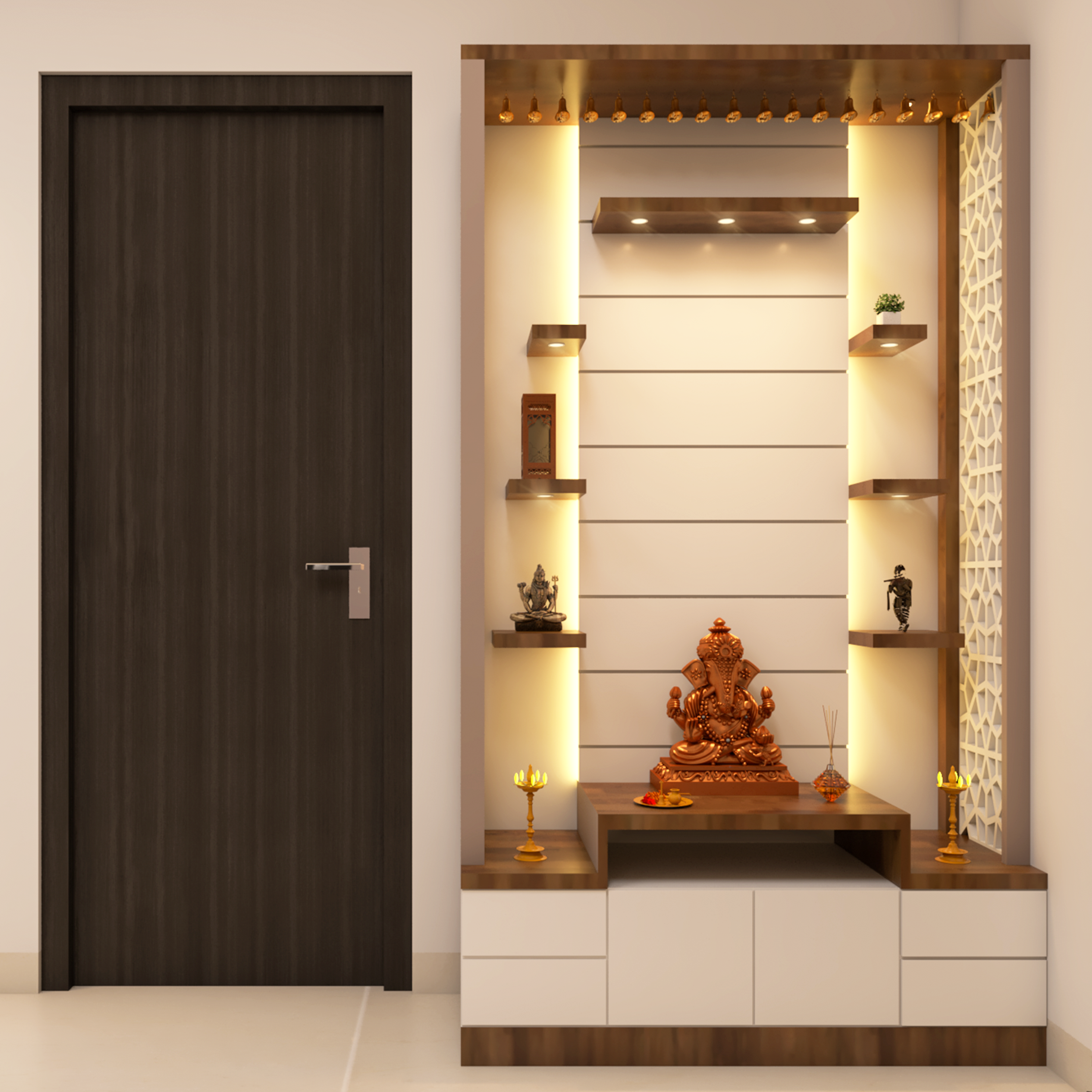 Modern Spacious Pooja Room Design with Spot Lights and Drawers