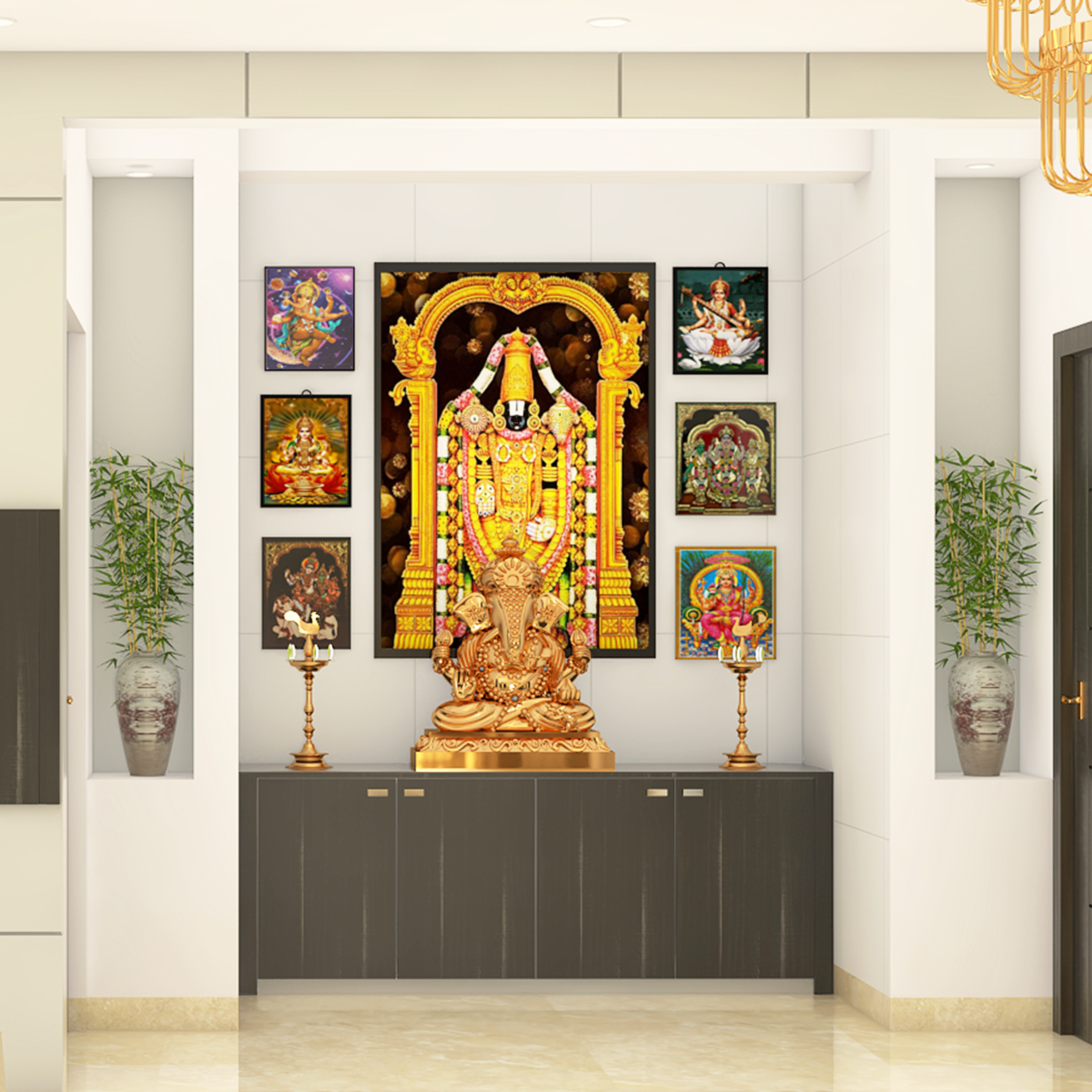 Modern Spacious Pooja Room Design with Potted Plants