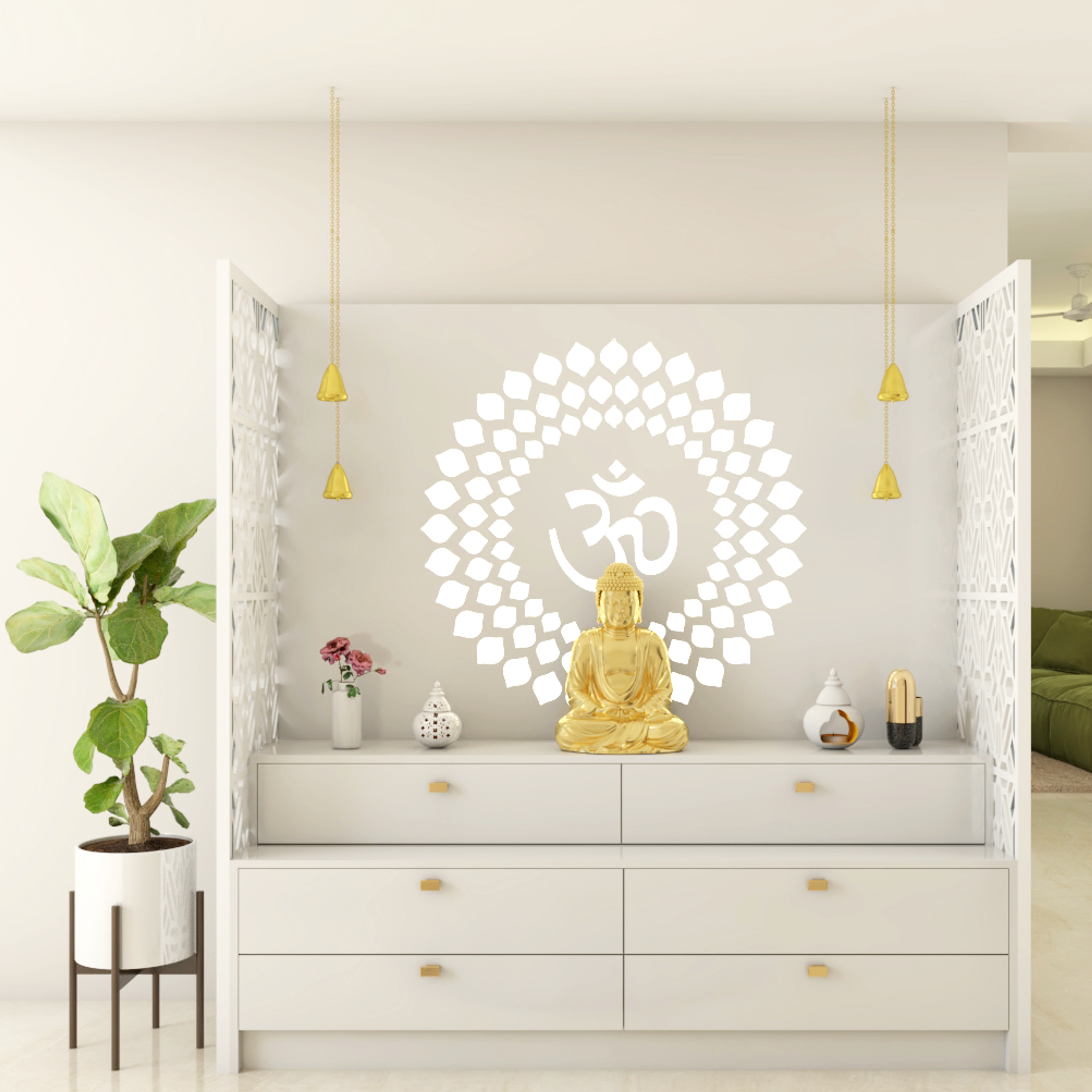 White Modern Spacious Pooja Room Design with Drawers and Bells