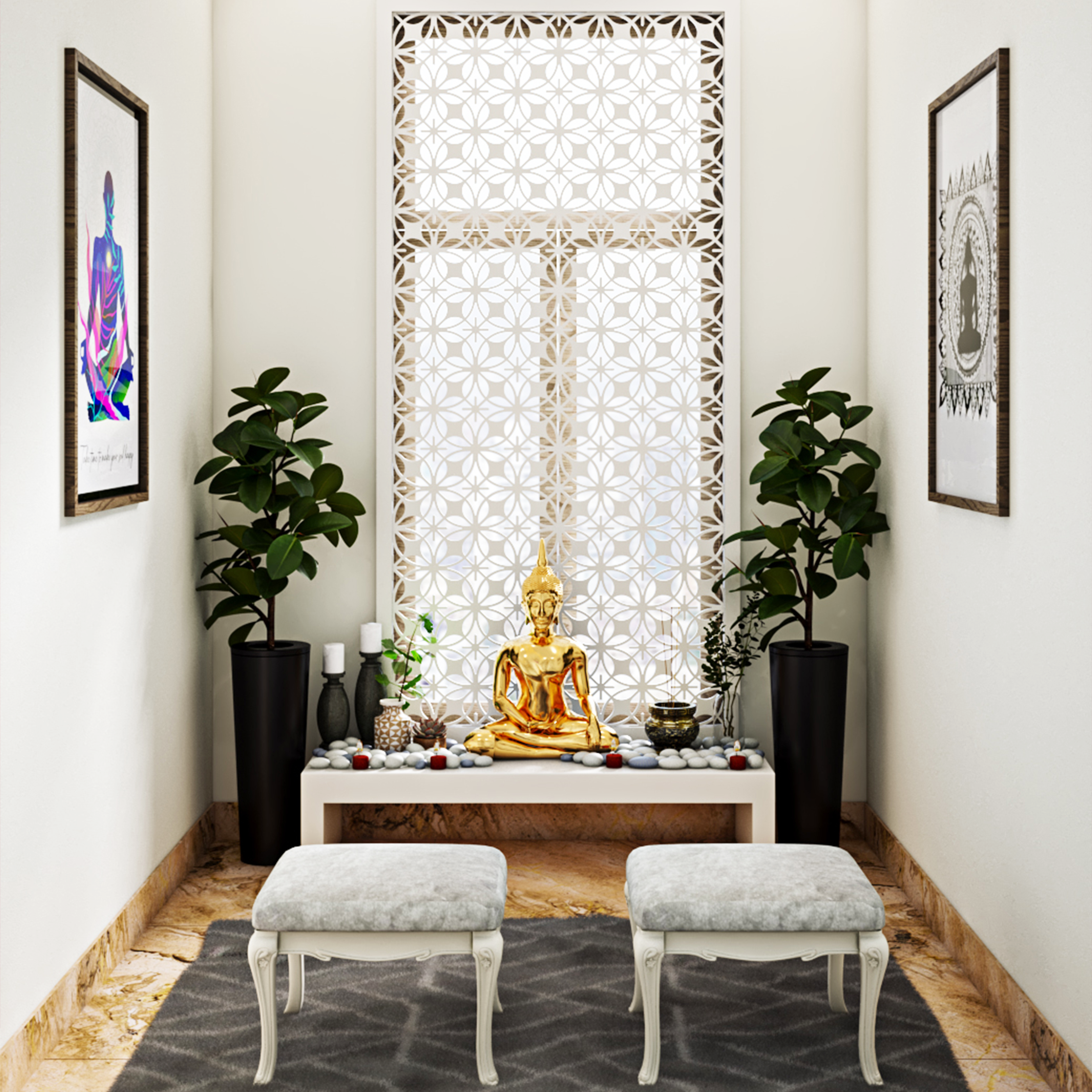 Buddha Modern Compact Pooja Room Design with Potted Plant