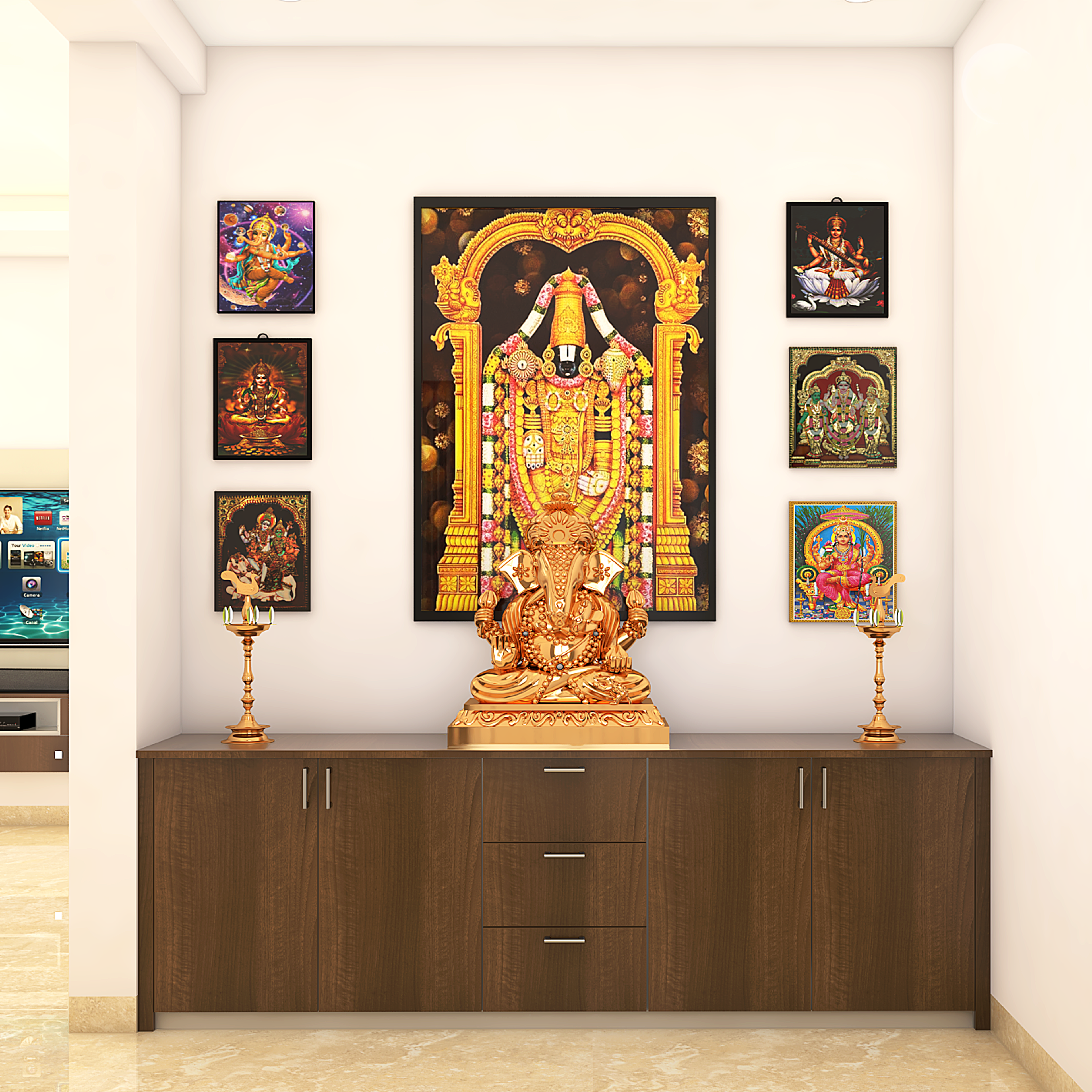 Framework Modern Spacious Pooja Room Design with Storage Unit