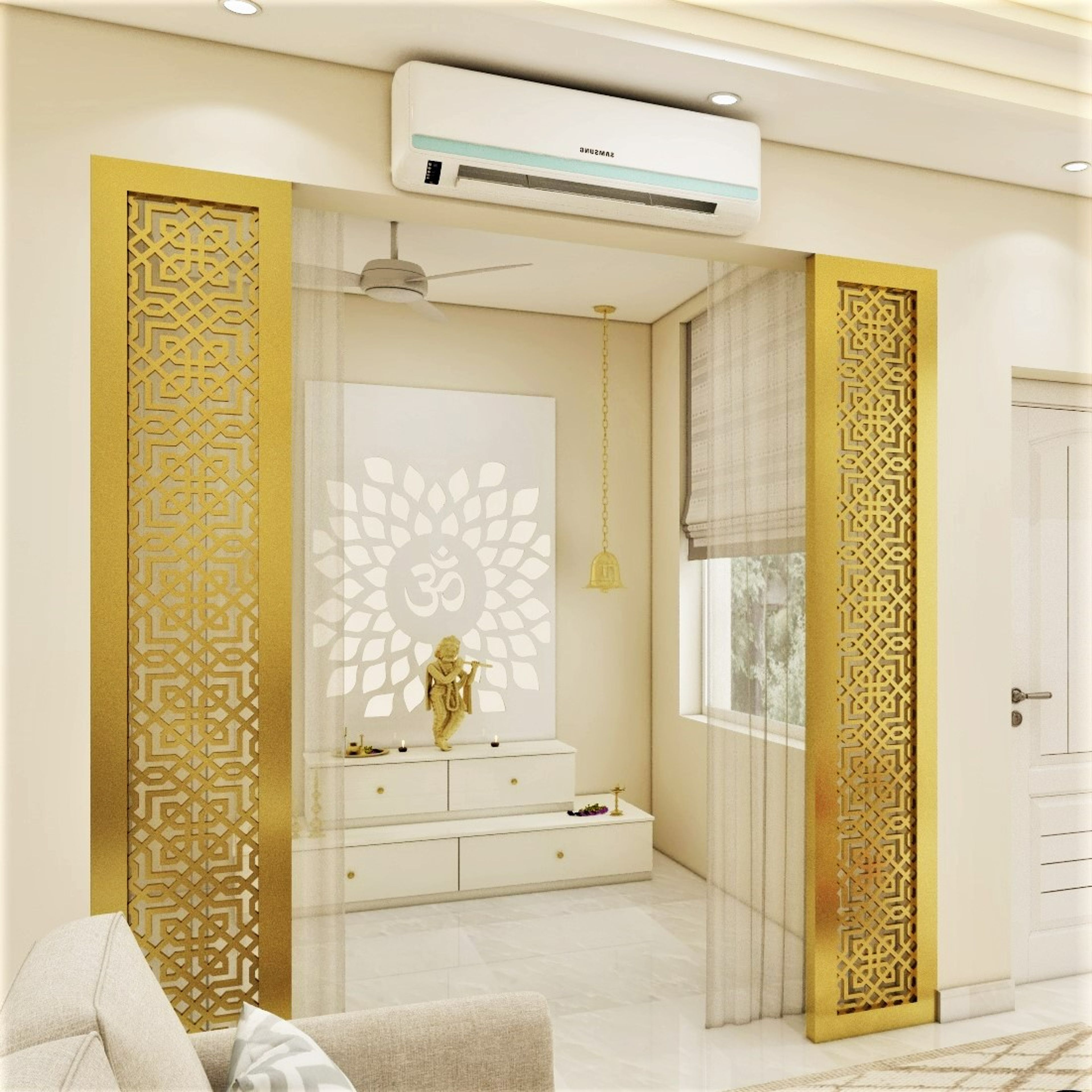 Contemporary Spacious Pooja Room Design with Step Storage