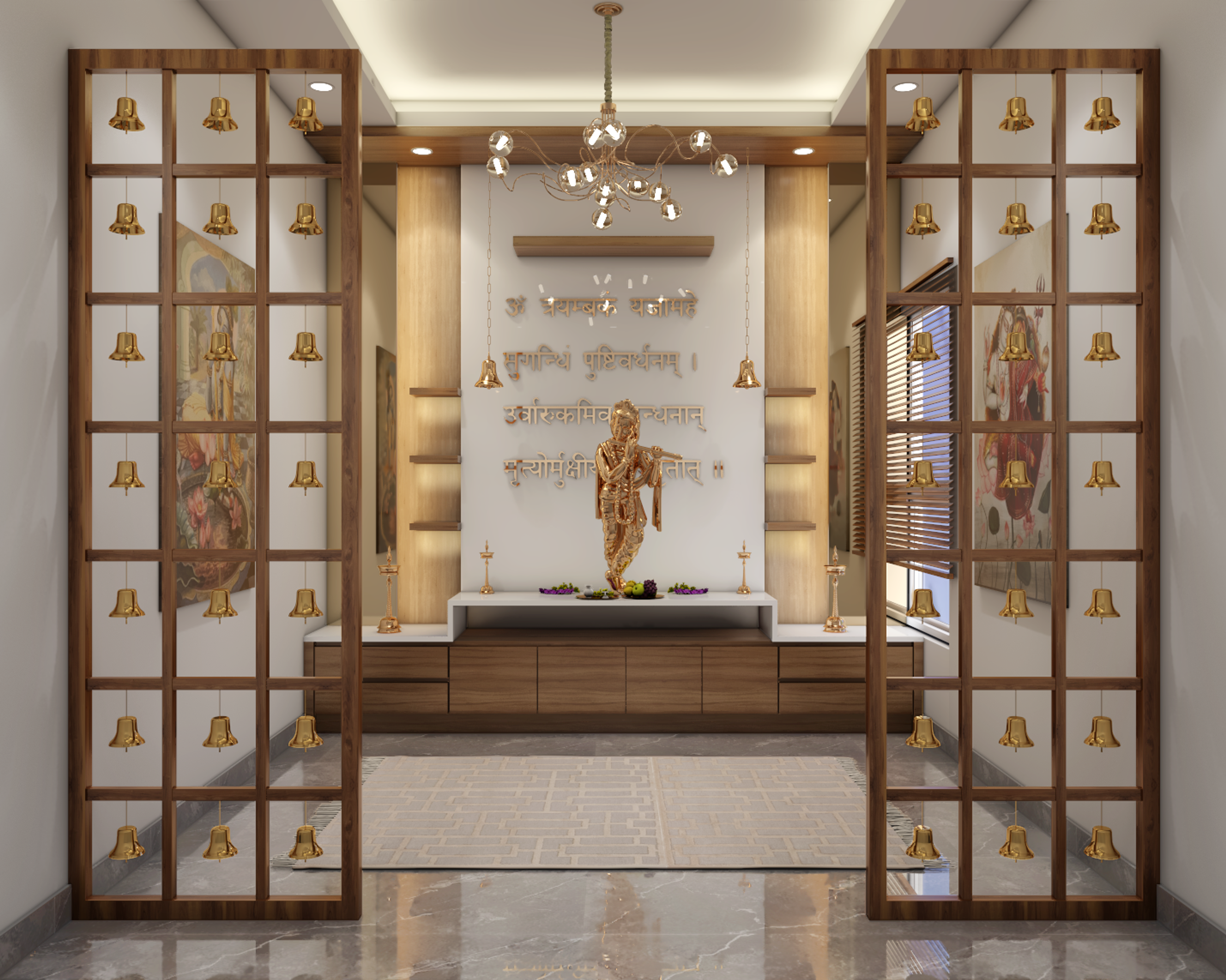 Spacious Pooja Room with Multiple Golden Bells
