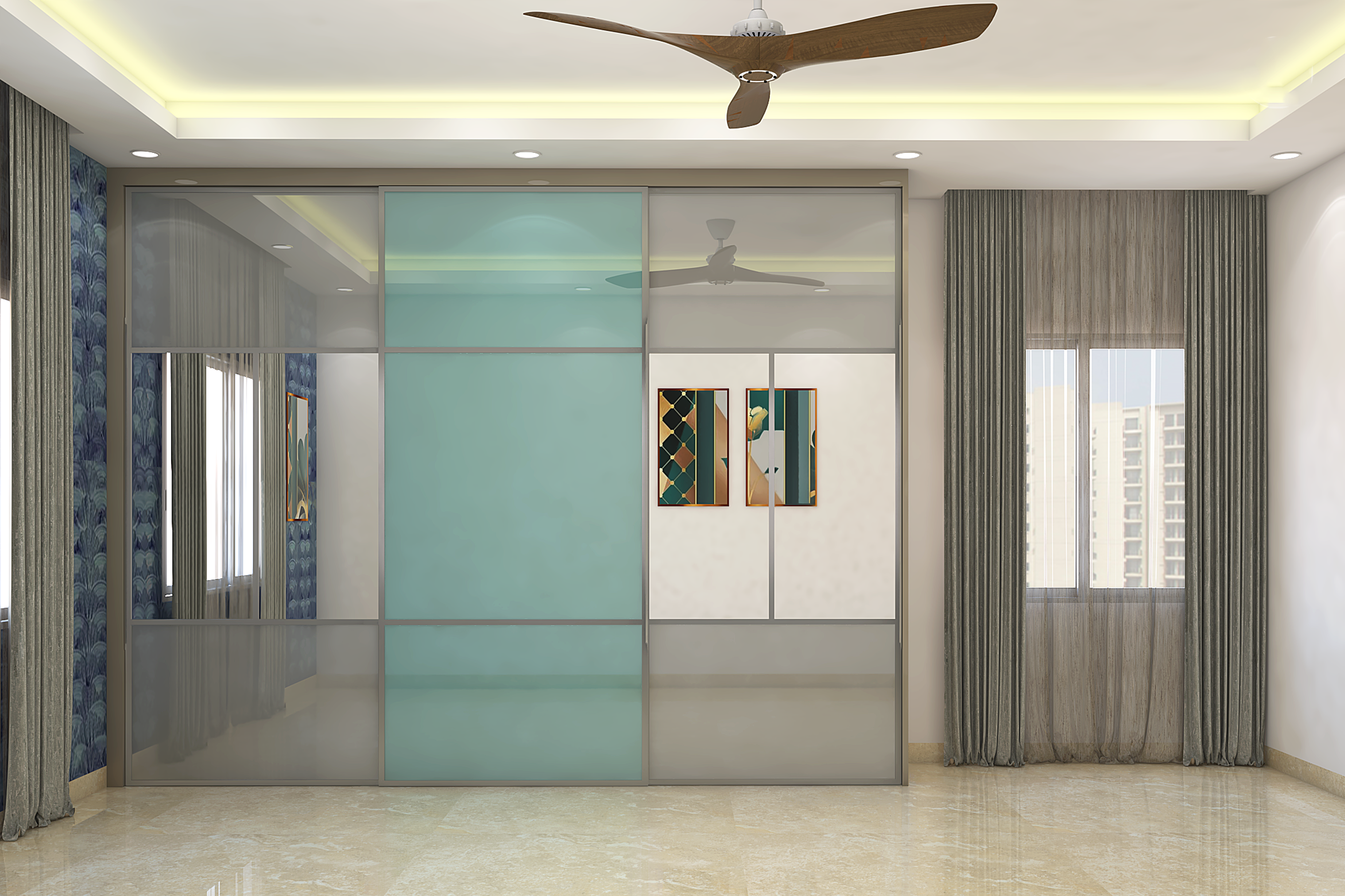 Floor to Ceiling Straight Sliding Door Wardrobe Design with Mirrors