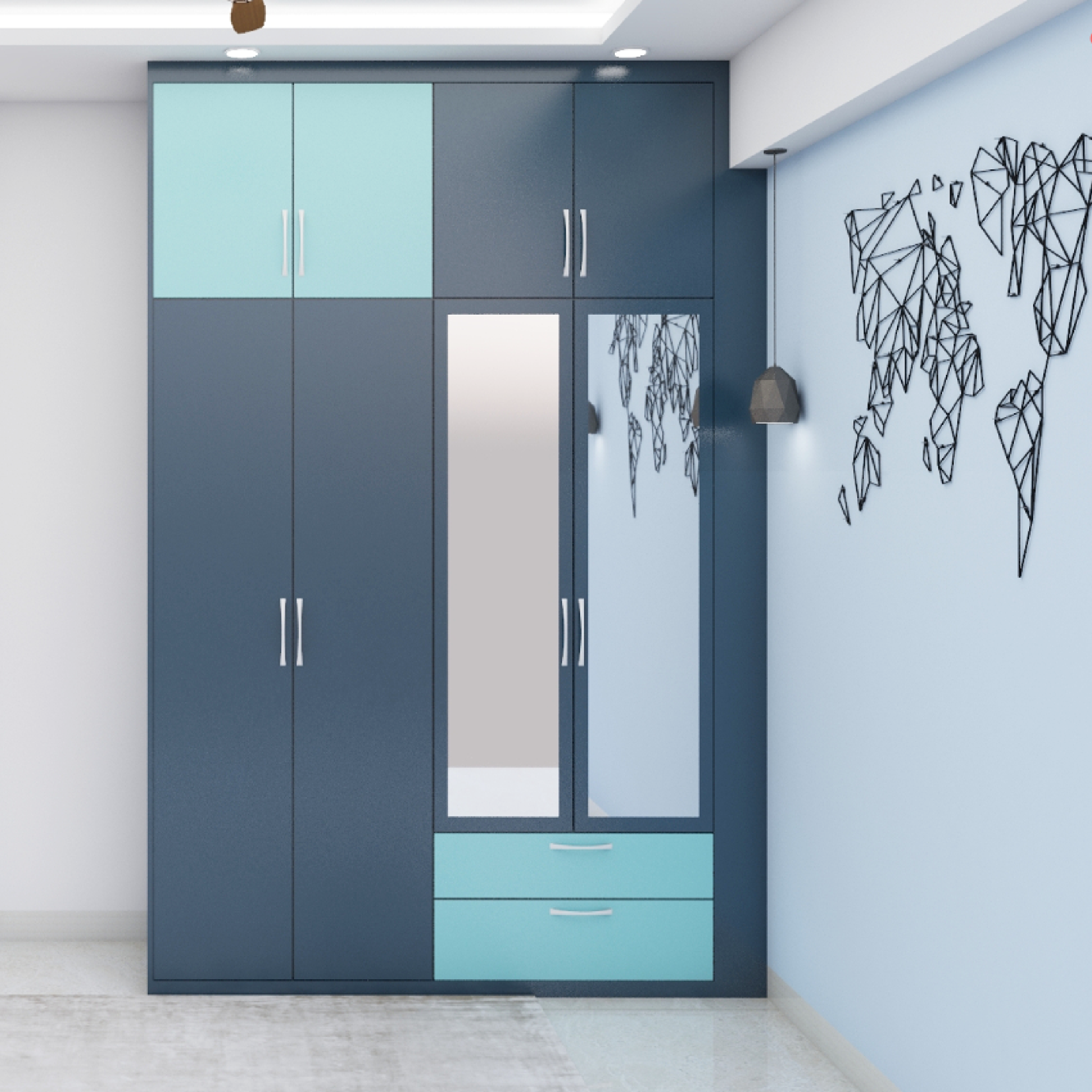 Blue Compact Hinged Straight Wardrobe Design with Drawers and Mirror